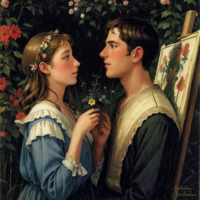 painting of a boy and girl kissing in a field of flowers, peasant boy and girl first kiss, ( art fitzpatrick ), boy girl traditional romance, romance novel cover, by Harold Sandys Williamson, by Art Fitzpatrick, by Robert Alwyn Hughes, by Jon Whitcomb, boy and girl, by Roy Dalgarno, angus mcbride, by John Philip Falter