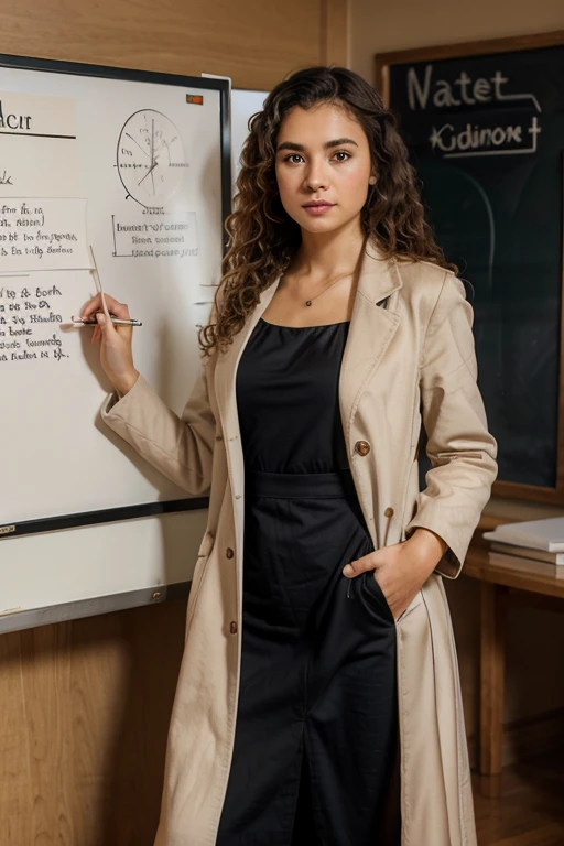 Create Stunning detail realistic 18k photo of a young lady teacher standing teach square root, small chin, curly hair, long dresses with coat, white board with square root function in a very old school,