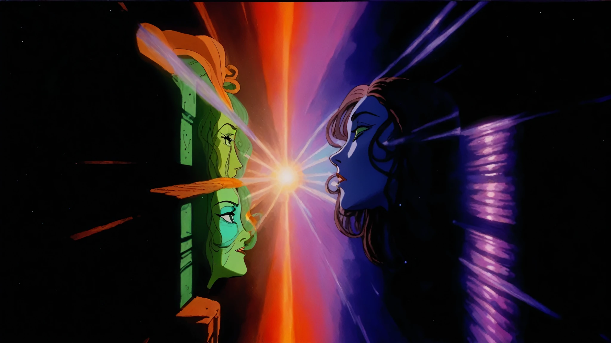 Daria and Jane portraying Medusa and Euryale (style reference Daria animated 1997, Medusa), existential crisis, floating through the ether, ethereal floatation disembodied consciousness humanity and the artificial and alien intelligences, stargate (wormhole) (cinematic, wordless, splash page, campy, b-movie cheesiness), Tarkovsky cinematography and framing and composition, intensely vivid, lush rich colorful, light rays across face similar to a light mask, universal cosmic decline, agitation, chaotic