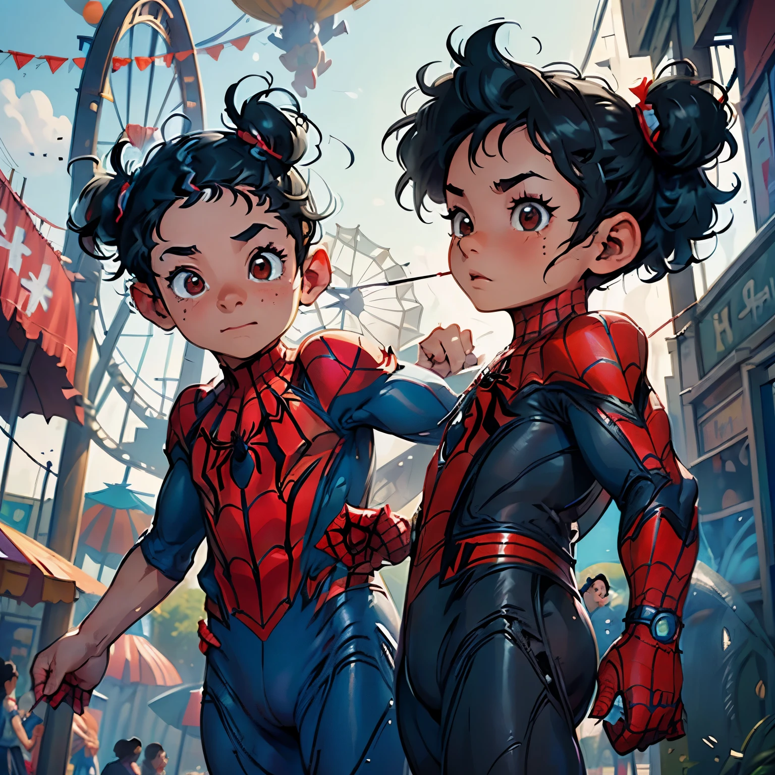 ((Boy with black hair having white pid Kid pigtails: 1.37)), (Flat, two-dimensional art), ((Circus-themed Spider-Man suit: 1.2)),

The image features a boy with jet-black hair styled in white pid Kid pigtails, making him stand out with a charming and playful appearance. The artwork is rendered in a two-dimensional style, bringing forth a simplified and flat look. The Spider-Man suit donned by him is enhanced with a circus theme,showcasing vibrant colors, peculiar patterns, and whimsical embellishments.