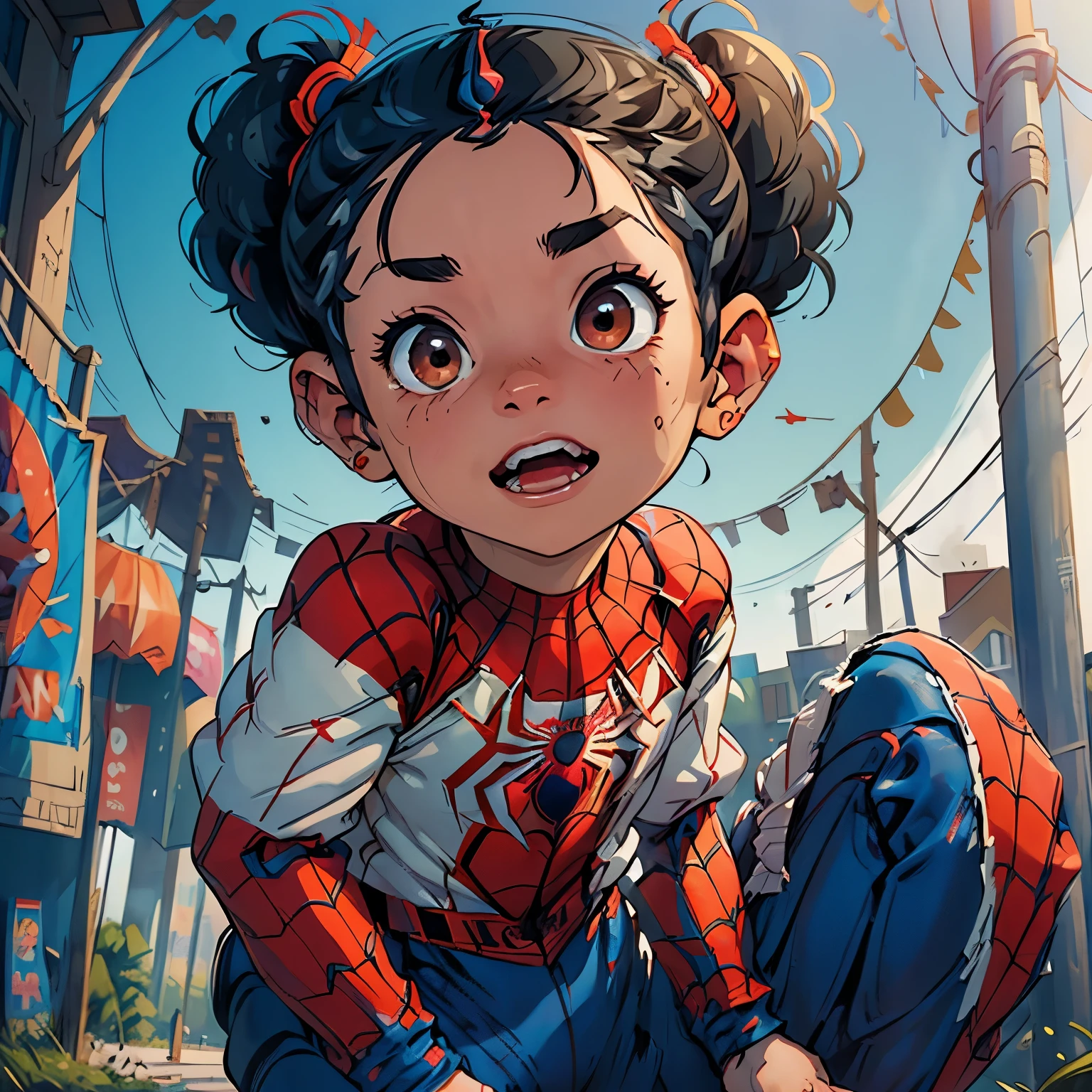 ((Boy with black hair having white pid Kid pigtails: 1.37)), (Flat, two-dimensional art), ((Circus-themed Spider-Man suit: 1.2)),

The image features a boy with jet-black hair styled in white pid Kid pigtails, making him stand out with a charming and playful appearance. The artwork is rendered in a two-dimensional style, bringing forth a simplified and flat look. The Spider-Man suit donned by him is enhanced with a circus theme,showcasing vibrant colors, peculiar patterns, and whimsical embellishments.