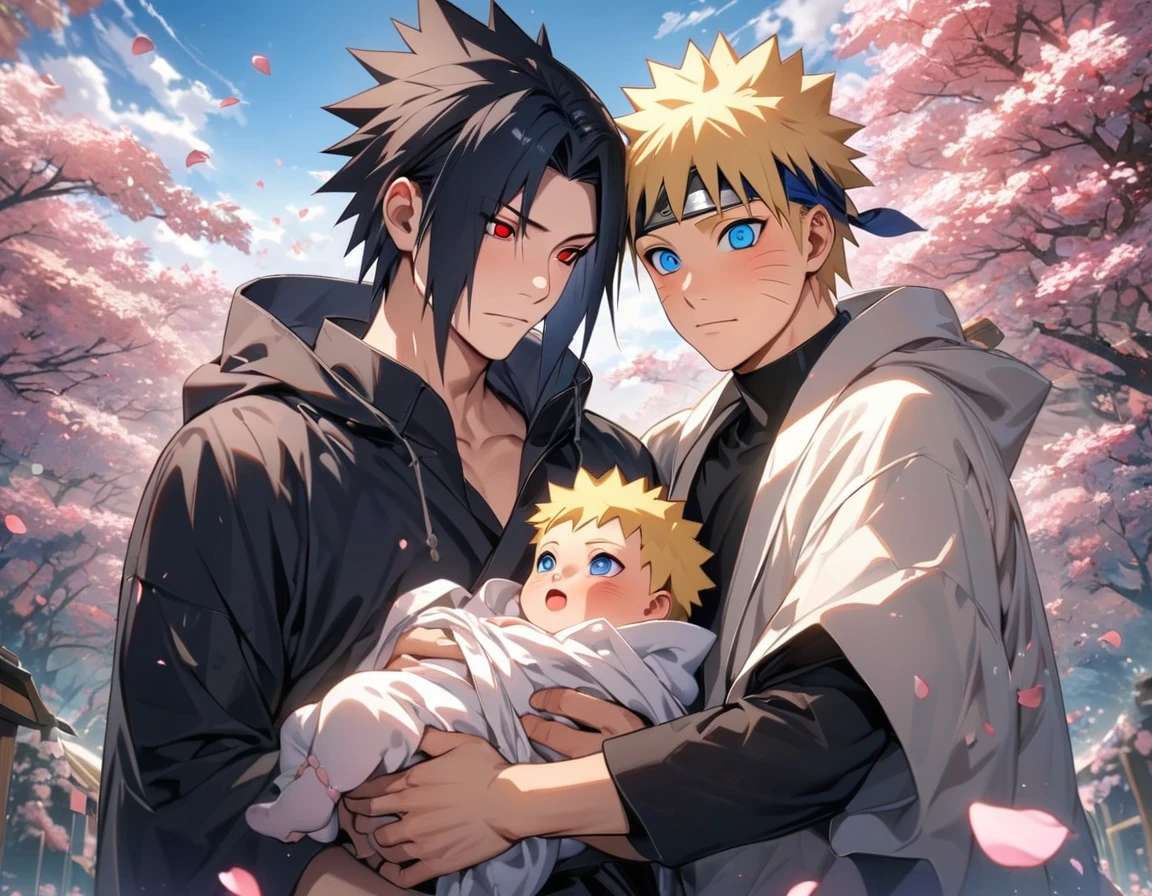 absurdres, highres, ultra detailed, HDR, master piece, best quality, extremely detailed face and eyes, Uchiha Sasuke, expressive red eyes, black hair, Naruto Shippuden, Uzumaki Naruto, blond hair, expressive blue eyes, two men together, gay couple, holding a cute  boy, handsome, pink petals, blossoms, trees, pink flowers