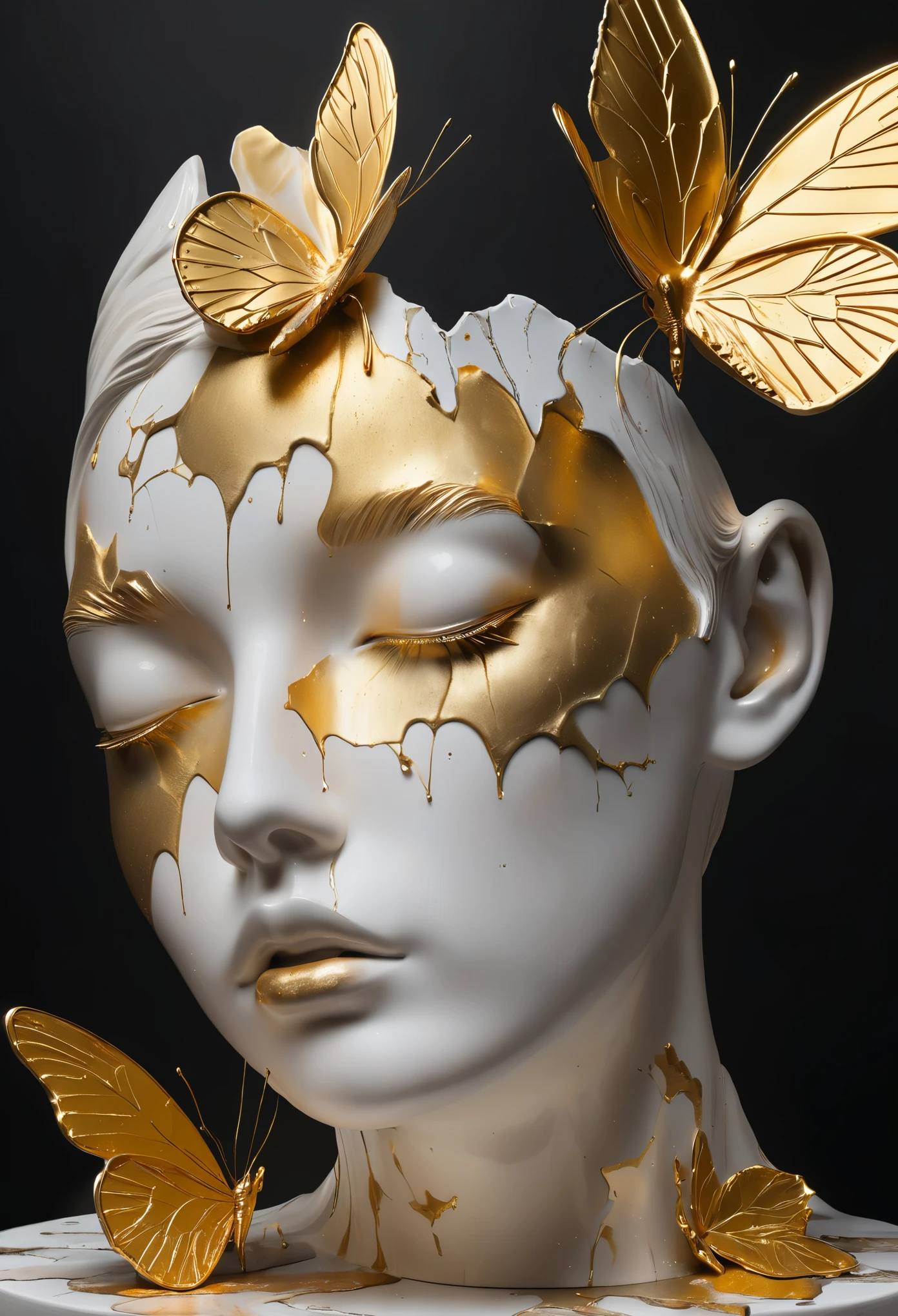 ((display，Still life table，Artistic statues，3D Sculpture，ceramics，Surface cracks，Shattered Texture)), Showing the beauty of nature.gold，Golden powder，portrait， This artwork is presented on a black background，To emphasize its artistic quality.
