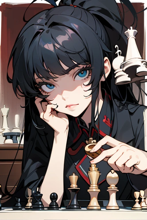 Girl, black hair, sunglasses, messy, hands on chin, playing chess, chess, full quality, Bilhos refle, perfect anatomy, perfect Bilhos refle, perfect anatomy, perfect face,