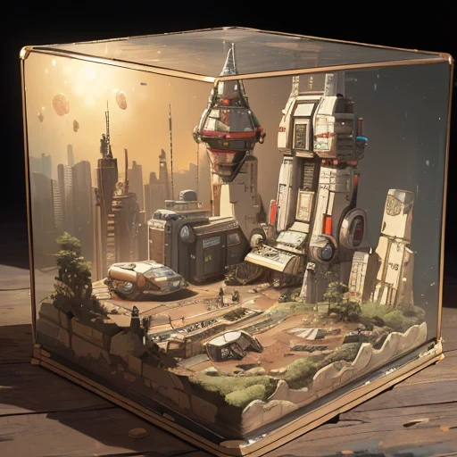 3598年Mars realistic model, (bifurcation, original photo, best quality, masterpiece:1.4),SteampunkCyberpunk6820 City,(CyberpunkMars light:1.3), Mars (related to land),(in a small glass tank box:1.3),Isometric, small nature, landscape on foundation,landscape,