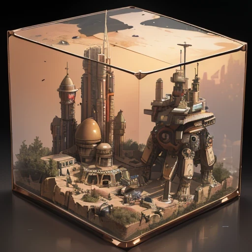 3598年Mars realistic model, (bifurcation, original photo, best quality, masterpiece:1.4),SteampunkCyberpunk6820 City,(CyberpunkMars light:1.3), Mars (related to land),(in a small glass tank box:1.3),Isometric, small nature, landscape on foundation,landscape,
