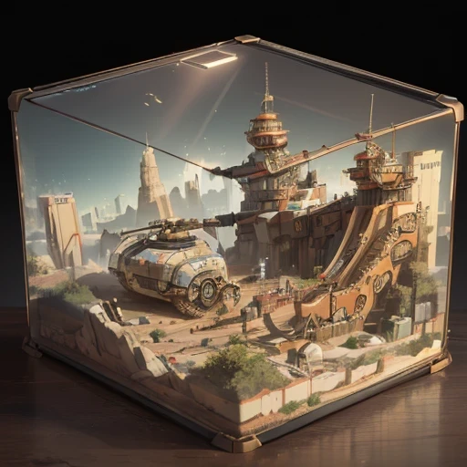 3598年Mars realistic model, (bifurcation, original photo, best quality, masterpiece:1.4),SteampunkCyberpunk6820 City,(CyberpunkMars light:1.3), Mars (related to land),(in a small glass tank box:1.3),Isometric, small nature, landscape on foundation,landscape,