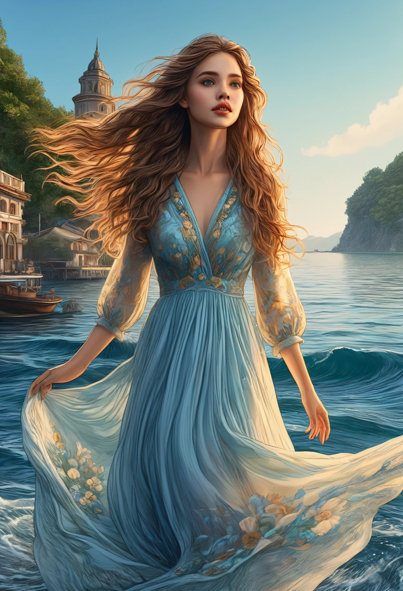 (best quality,4k,8k,highres,masterpiece:1.2),ultra-detailed,(realistic,photorealistic,photo-realistic:1.37),levitating woman in a long dress,sea,beautiful detailed eyes,beautiful detailed lips,flowing dress,sunlight reflecting on the water,floating hair,peaceful scenery,light blue dress,serene expression,vivid colors,soft waves,gentle breeze,golden hour lighting