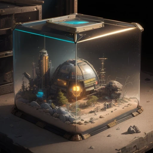 3598年Mars realistic model, (bifurcation, original photo, best quality, masterpiece:1.4),SteampunkCyberpunk6820 City,(CyberpunkMars light:1.3), Mars (related to land),(in a small glass tank box:1.3),Isometric, small nature, landscape on foundation,landscape,