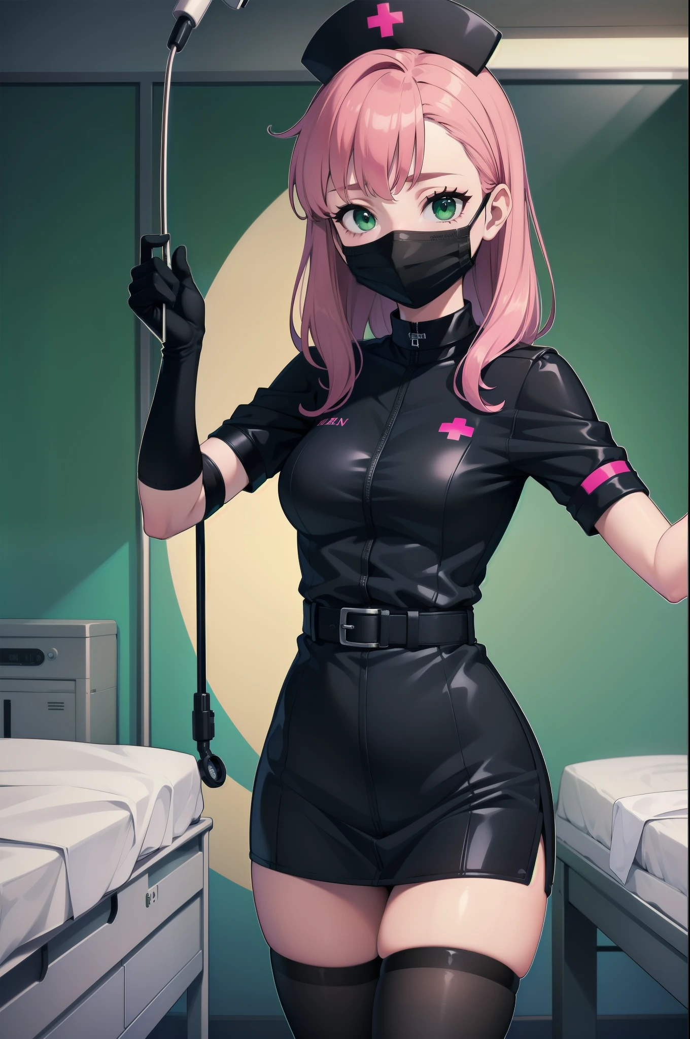 black nurse, 1girl, solo, black nurse cap, black wear, ((black legwear, zettai ryouiki)), black elbow gloves, pink hair, green eyes, drooping eyes, ((black surgical mask, covered nose)), standing, ((surgery room)), sharp outline, short sleeves, best quality, masterpiece