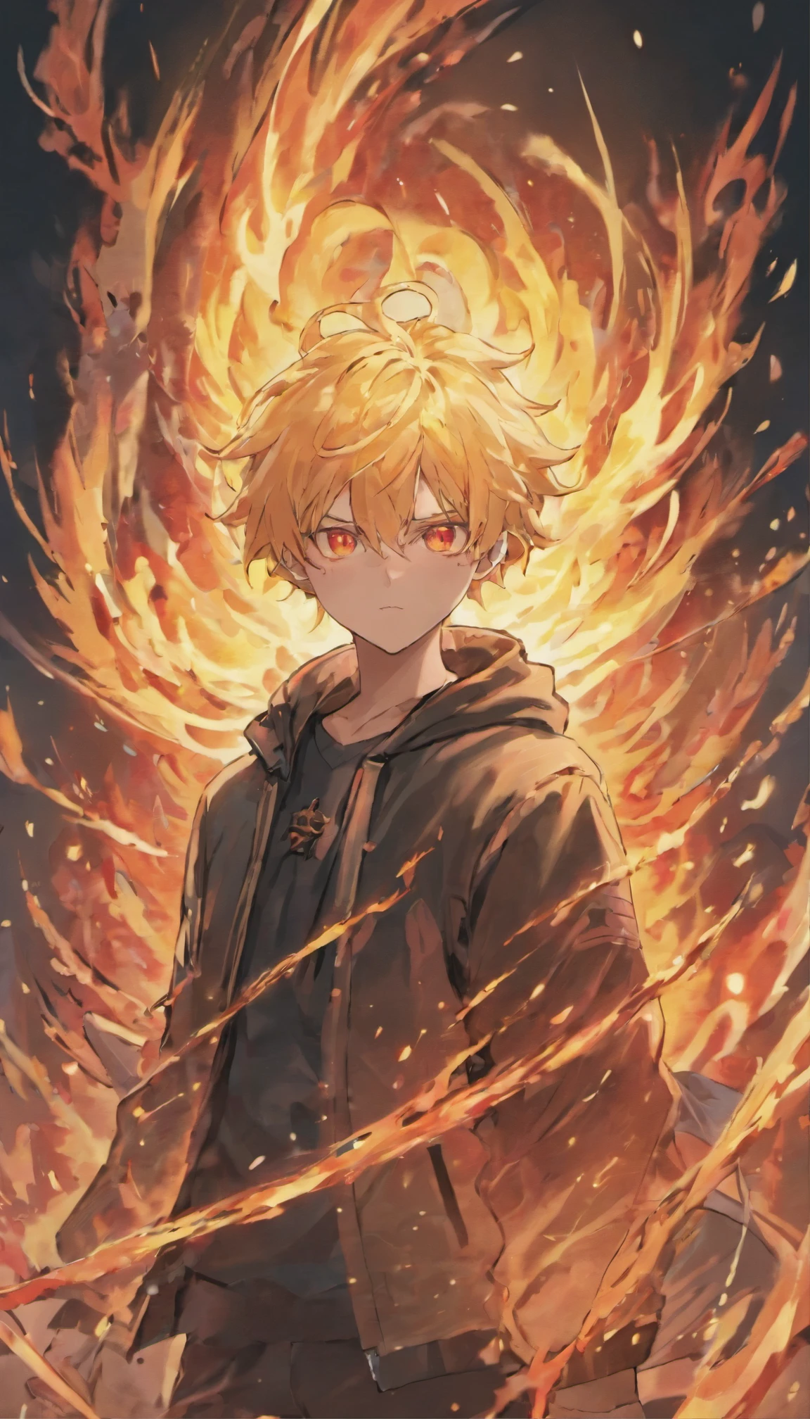 Golden Hair, grow a beard、Fire in the head、Man with red eyes wearing a black jacket, 激しいEngulfed in flames, A fire burns behind him, Detailed digital anime art, nagito komaeda, Engulfed in flames, Sacred Flame Spell, Handsome men from Demon Slayer, Fiery Hair, by ヤン・J, Burning wreath, Made entirely of fire, Hair made of fire