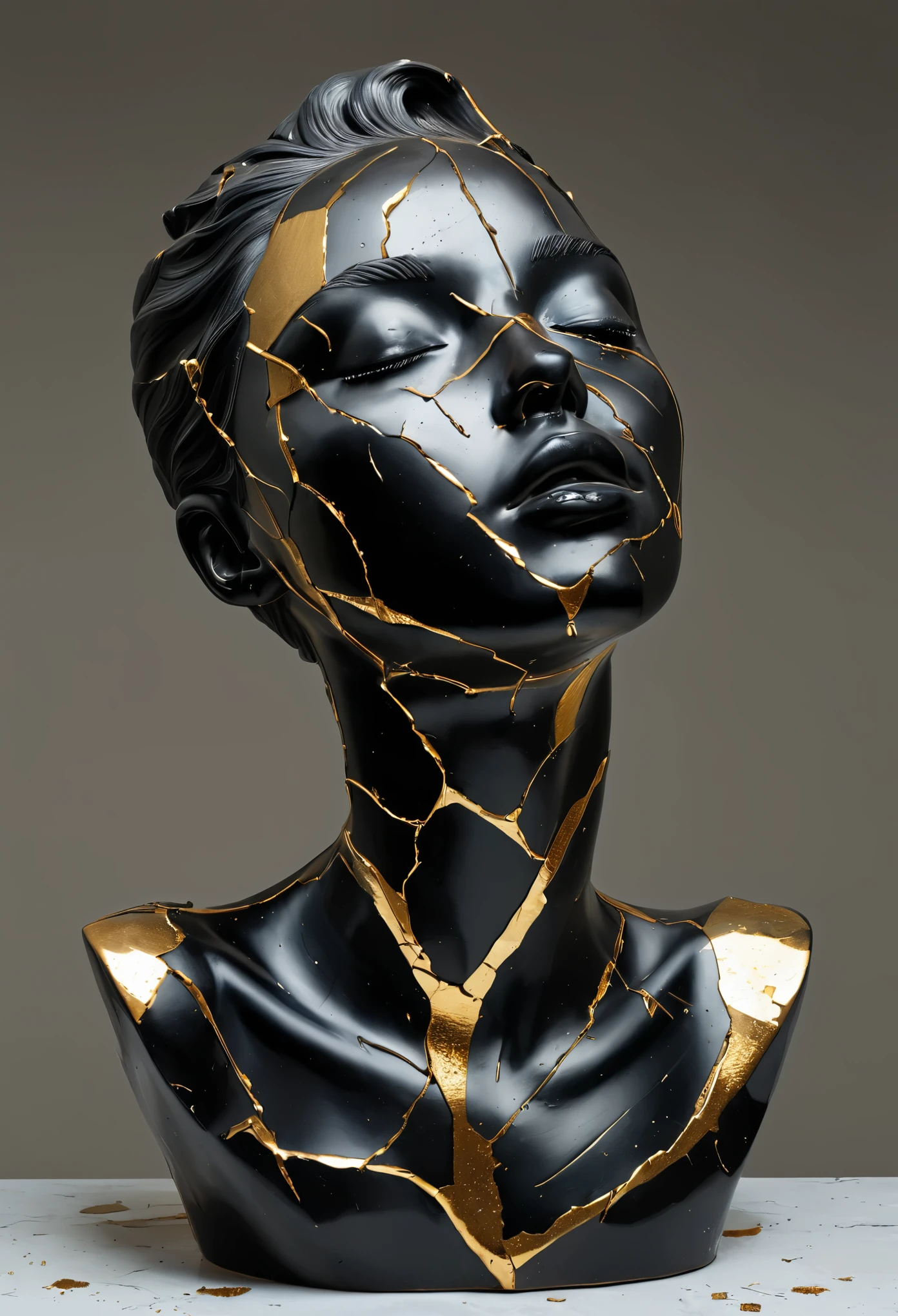 ((display，Still life table，Artistic statues，3D Sculpture，ceramics，Surface cracks，Shattered Texture)),Beautiful woman，Head broken，black and gold， noise effect