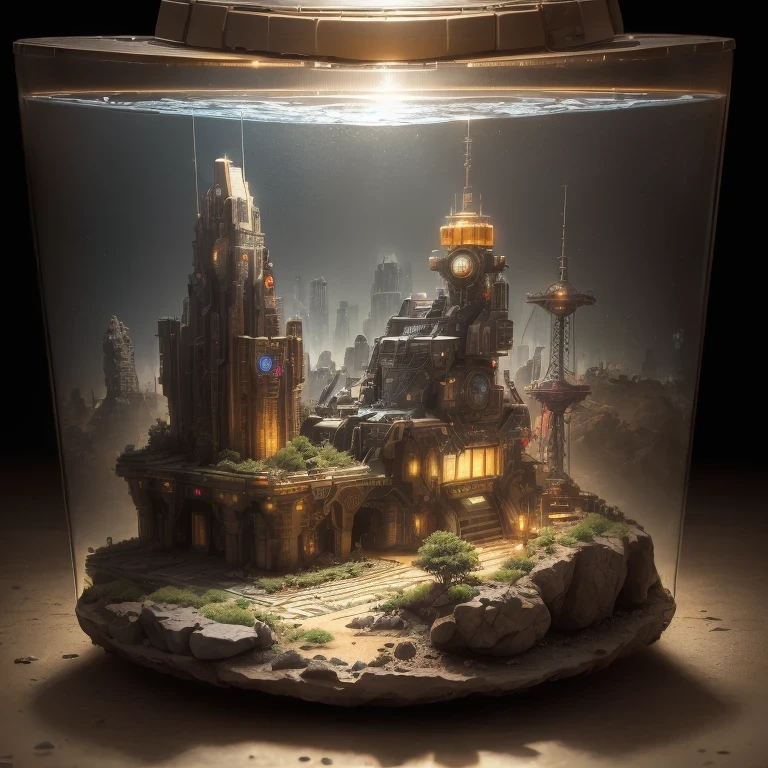 3598年Mars realistic model, (bifurcation, original photo, best quality, masterpiece:1.4),SteampunkCyberpunk6820 City,(CyberpunkMars light:1.3), Mars (related to land),(in a small glass tank box:1.3),Isometric, small nature, landscape on foundation,landscape,