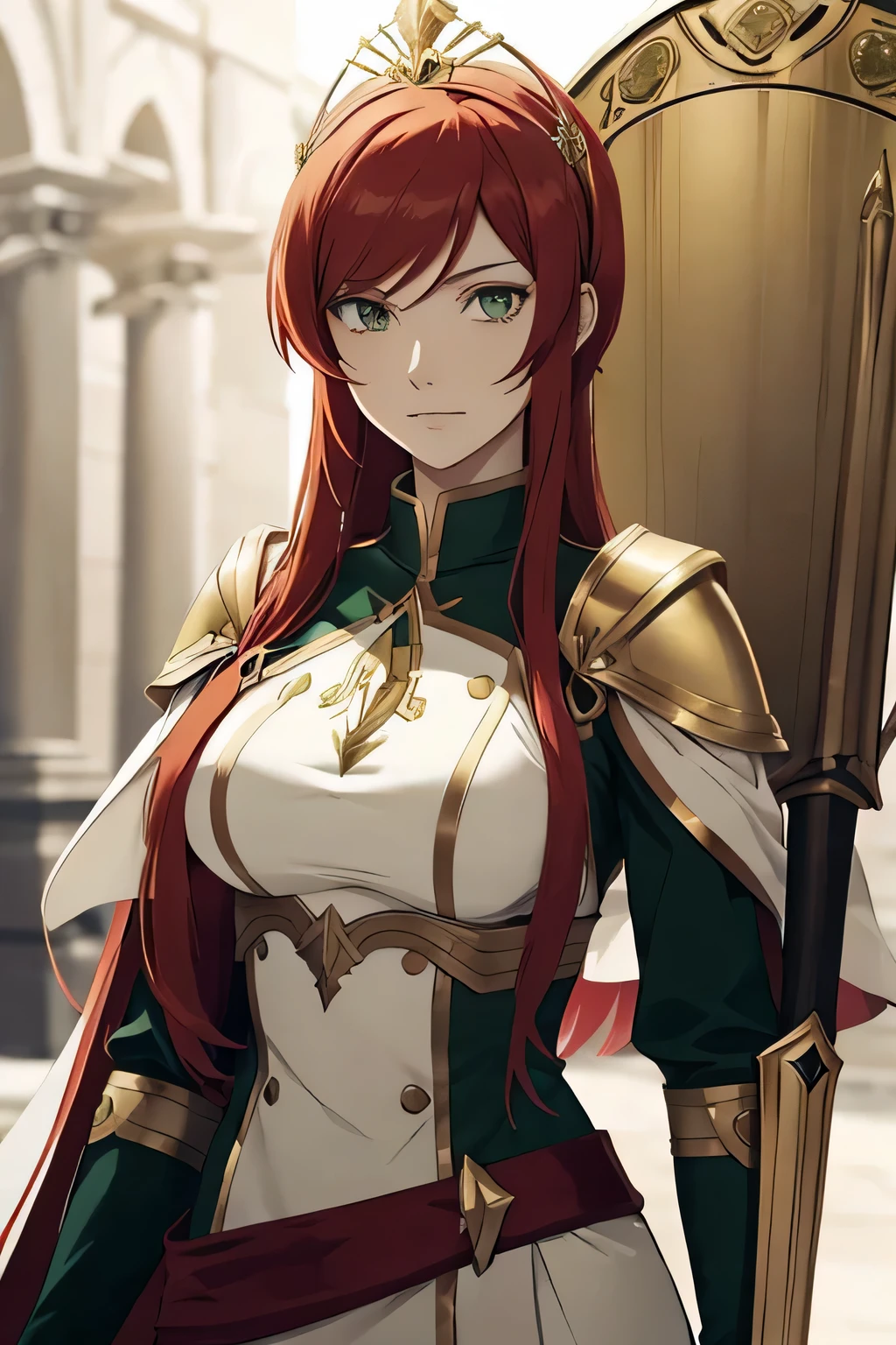 Pyrrha Arc, formerly Pyrrha Nikos, is the wife of Jaune Arc and his second-in-command. She has long red hair and emerald green eyes.
Her attire consists of a white turtle-necked tunic with gold seams under a white trenchcoat with bronze shoulder pads, vambraces, and a chest plate. She also has a gold tiara with a jade at the center.
Her weapons are a spear and shield.
