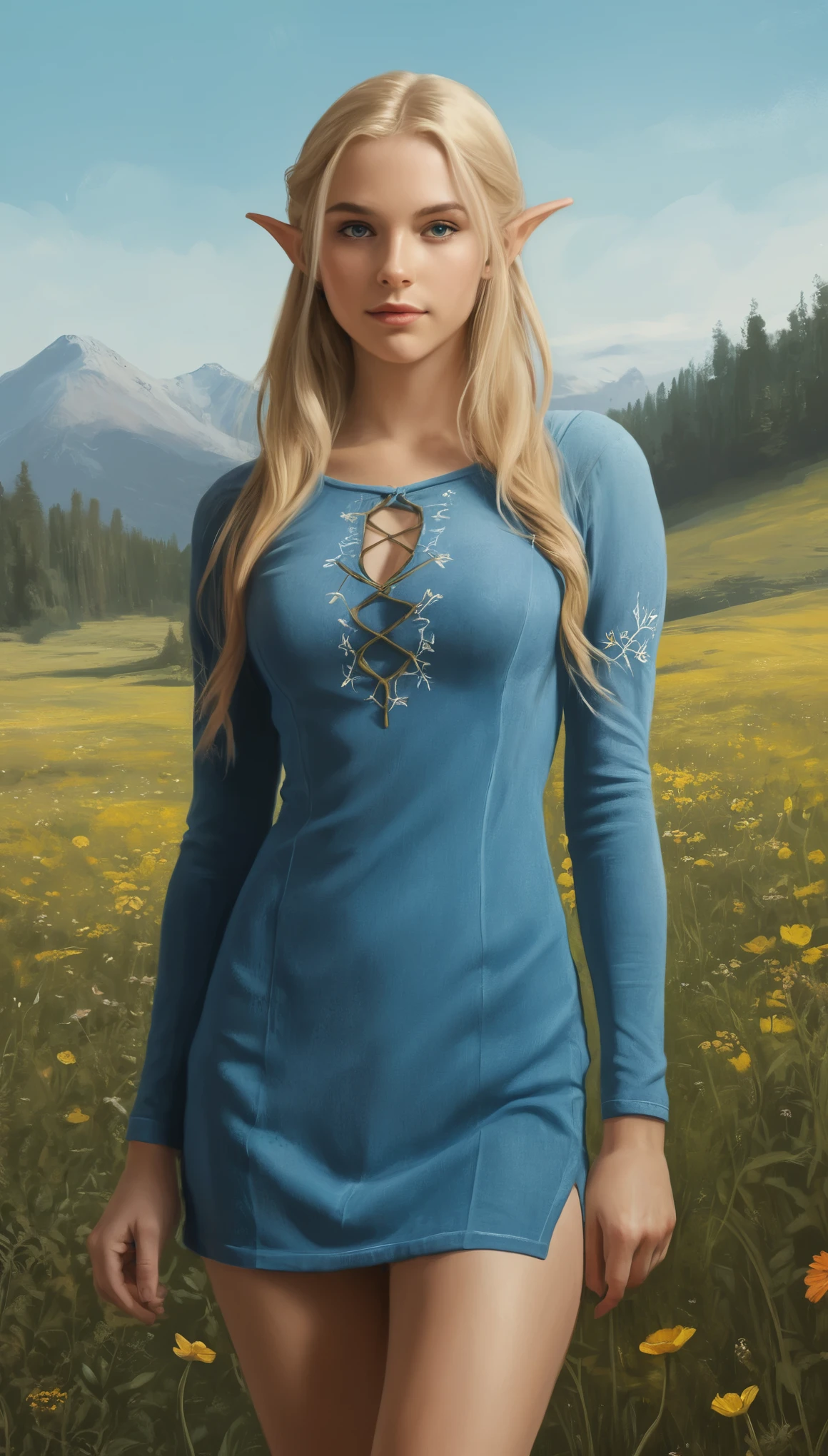 An illustrated movie poster, hand-drawn, full color, a teenage elven girl, wearing a corduroy mini-dress, sun-tanned complexion, very tall, athletic body, hourglass figure, curvy, slightly chubby, bottom-heavy, generous hips, massive bubble-butt, long legs, ridiculously thick powerful thighs, bright blue eyes, long pointy elf ears, ash blonde hair, long loose waves, posing in a meadow of wildflowers, hard shadows, graphite shading, stencil marks, airbrushed acrylic paint, masterpiece, in the style of Lord of the Rings 