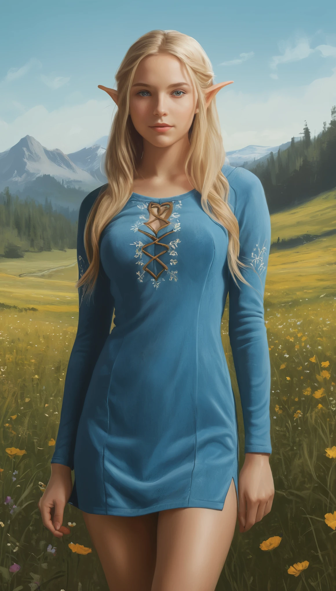 An illustrated movie poster, hand-drawn, full color, a teenage elven girl, wearing a corduroy mini-dress, sun-tanned complexion, very tall, athletic body, hourglass figure, curvy, slightly chubby, bottom-heavy, generous hips, massive bubble-butt, long legs, ridiculously thick powerful thighs, bright blue eyes, long pointy elf ears, ash blonde hair, long loose waves, posing in a meadow of wildflowers, hard shadows, graphite shading, stencil marks, airbrushed acrylic paint, masterpiece, in the style of Lord of the Rings
