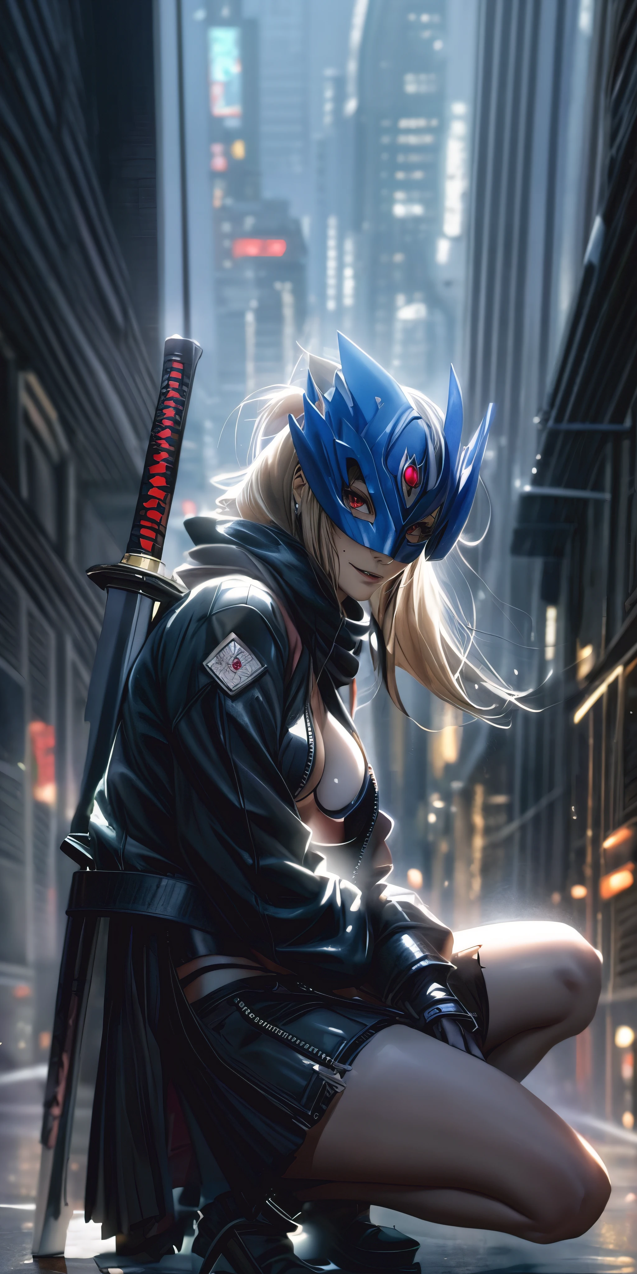 Beelstarmon_Digimon, 1girl, solo, blonde hair, large breasts, red eyes, sidelocks, third eye, mask, long sleeves, navel, open clothes, midriff, black jacket, torn clothes, underboob, black pants, zipper, black belt, black scarf, cape,, anime girl kneeling down with a sword in her hand, badass anime 8 k, artwork in the style of guweiz, ross tran 8 k, cinematic. by leng jun, 2. 5 d cgi anime fantasy artwork, anime style 4 k, ross tran and wlop, very beautiful cyberpunk samurai, guweiz on artstation pixiv, facing viewer, (shaded face:1.2), hollow eyes, mole, mask, third eye, red eyes, looking at viewer, (heavy breathing:1.2), smirk, upper teeth, nsfw,