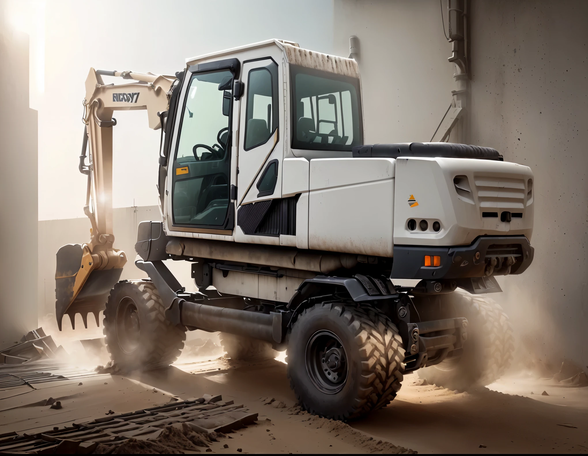 Excavator design, excavator exterior design, simple design, gray and white cockpit, light-transmitting glass windows, real product photography, real product photography, there are tail lights at the rear of the car, there are excavator buckets and robotic arms in front of the car, there are four wheels with protective frames on them, clear structure, industrial design style, high definition, excavator rear side view, white background, white background