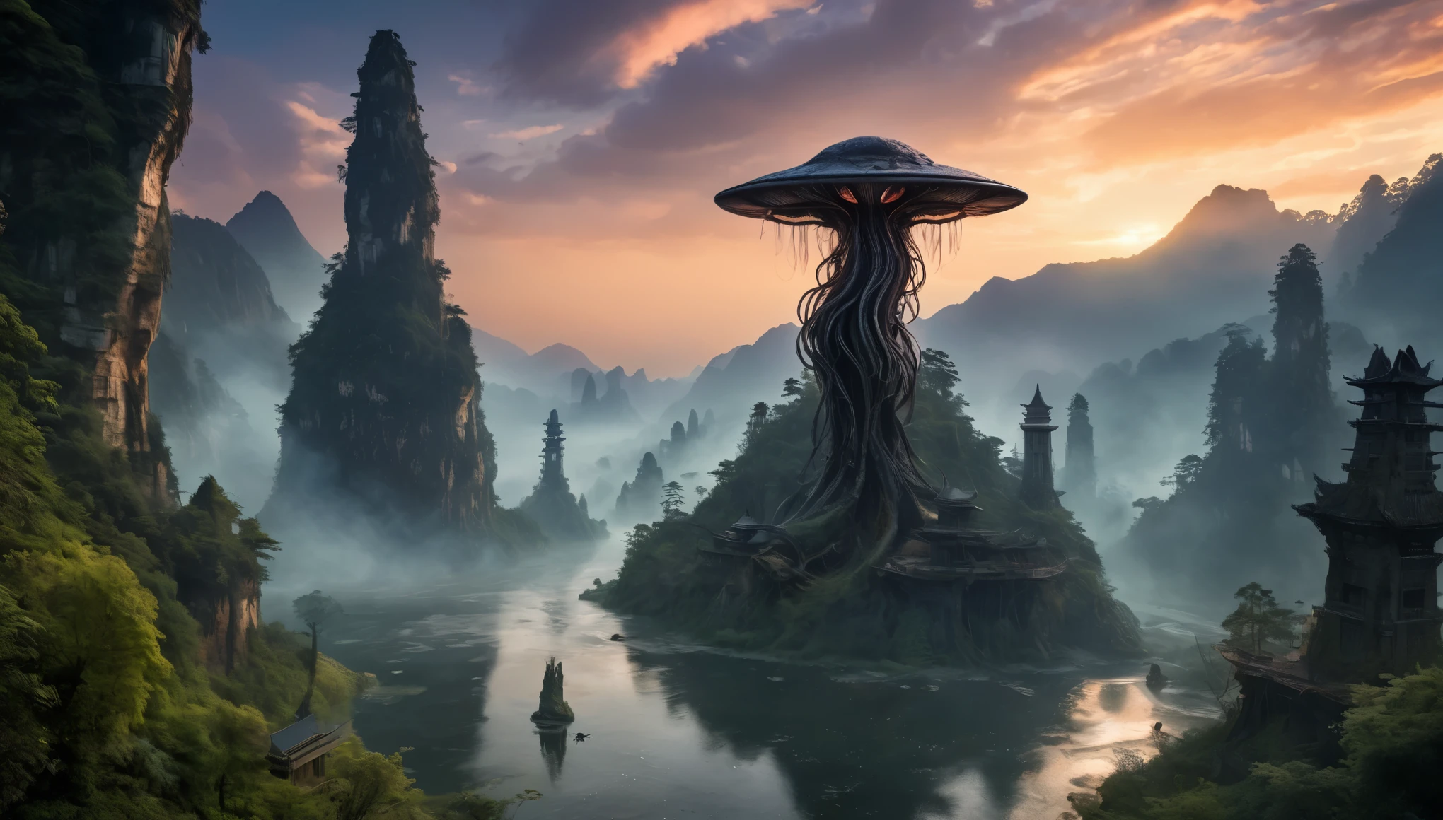 full body length,niobium fawn from star wars,native indian,ominous landscape, opal goblin,Obsidian atmosphere,flying islands,dangerous atmosphere,intricate details,realistic humid skin,extremely intricate details,Epic Realistic, cinematic style,dramatic light,anatomically correct,eyes extremely detailed, high detailed eyes,UHD,HDR,Cinematic, Technicolor,natural skin textures, hyper realism, hyper detailed,High contrast,Realism,Ultra Detailed,irina yermolova,close full body shot, masterpiece,faded,16k resolution, Nikon Z9,The Alien Entity,sunset,Zhangjiajie National Forest Park of China,Madness evil landscape. Tentacles rising from the abyss, polluted river, macabre cemetery, bloody moon