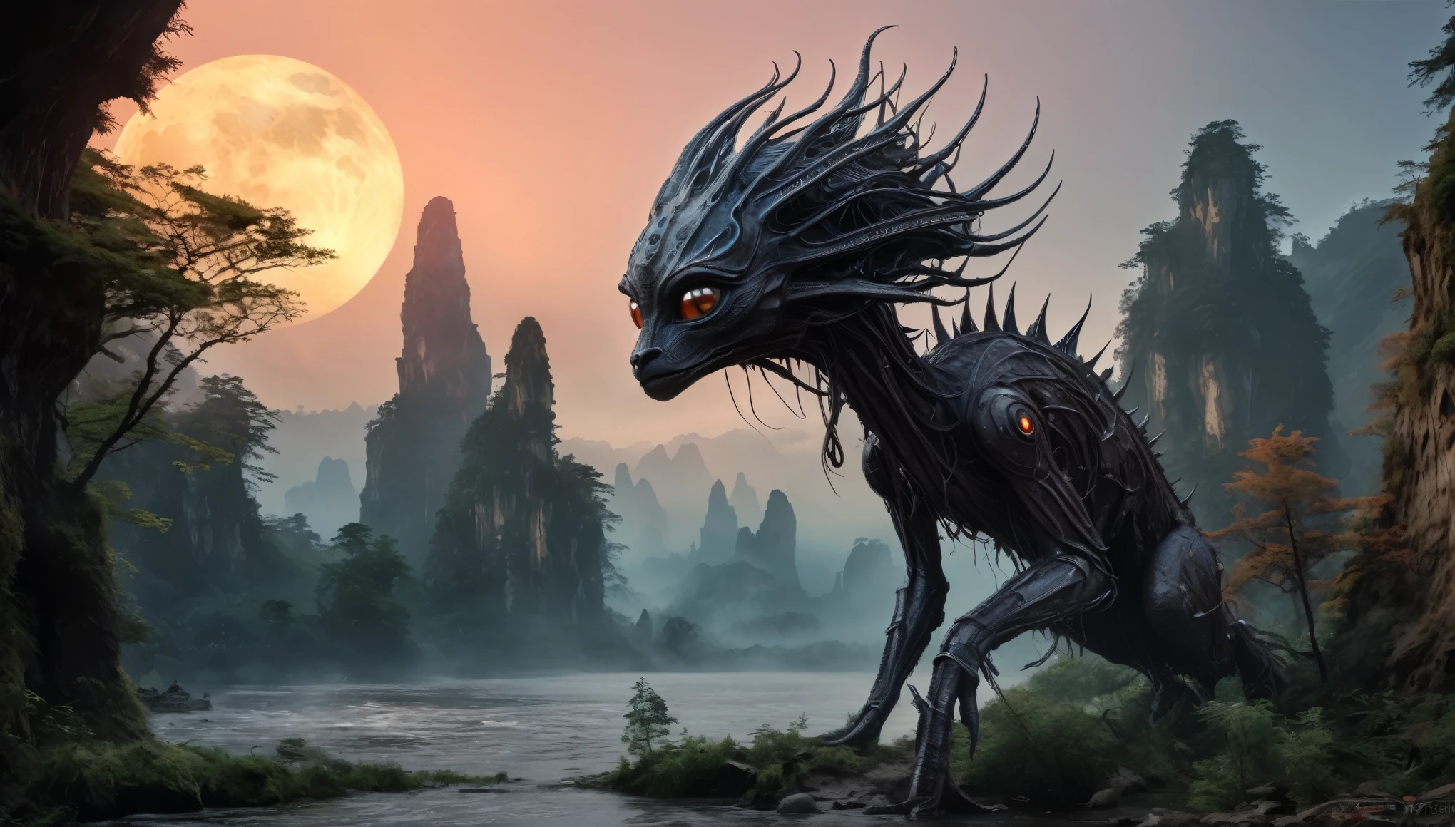 full body length,niobium fawn from star wars,native indian,ominous landscape, opal goblin,Obsidian atmosphere,flying islands,dangerous atmosphere,intricate details,realistic humid skin,extremely intricate details,Epic Realistic, cinematic style,dramatic light,anatomically correct,eyes extremely detailed, high detailed eyes,UHD,HDR,Cinematic, Technicolor,natural skin textures, hyper realism, hyper detailed,High contrast,Realism,Ultra Detailed,irina yermolova,close full body shot, masterpiece,faded,16k resolution, Nikon Z9,The Alien Entity,sunset,Zhangjiajie National Forest Park of China,Madness evil landscape. Tentacles rising from the abyss, polluted river, macabre cemetery, bloody moon