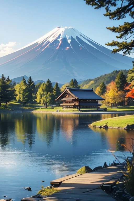 At the foot of Mt. Fuji、Log cabin by the lake。Background material。