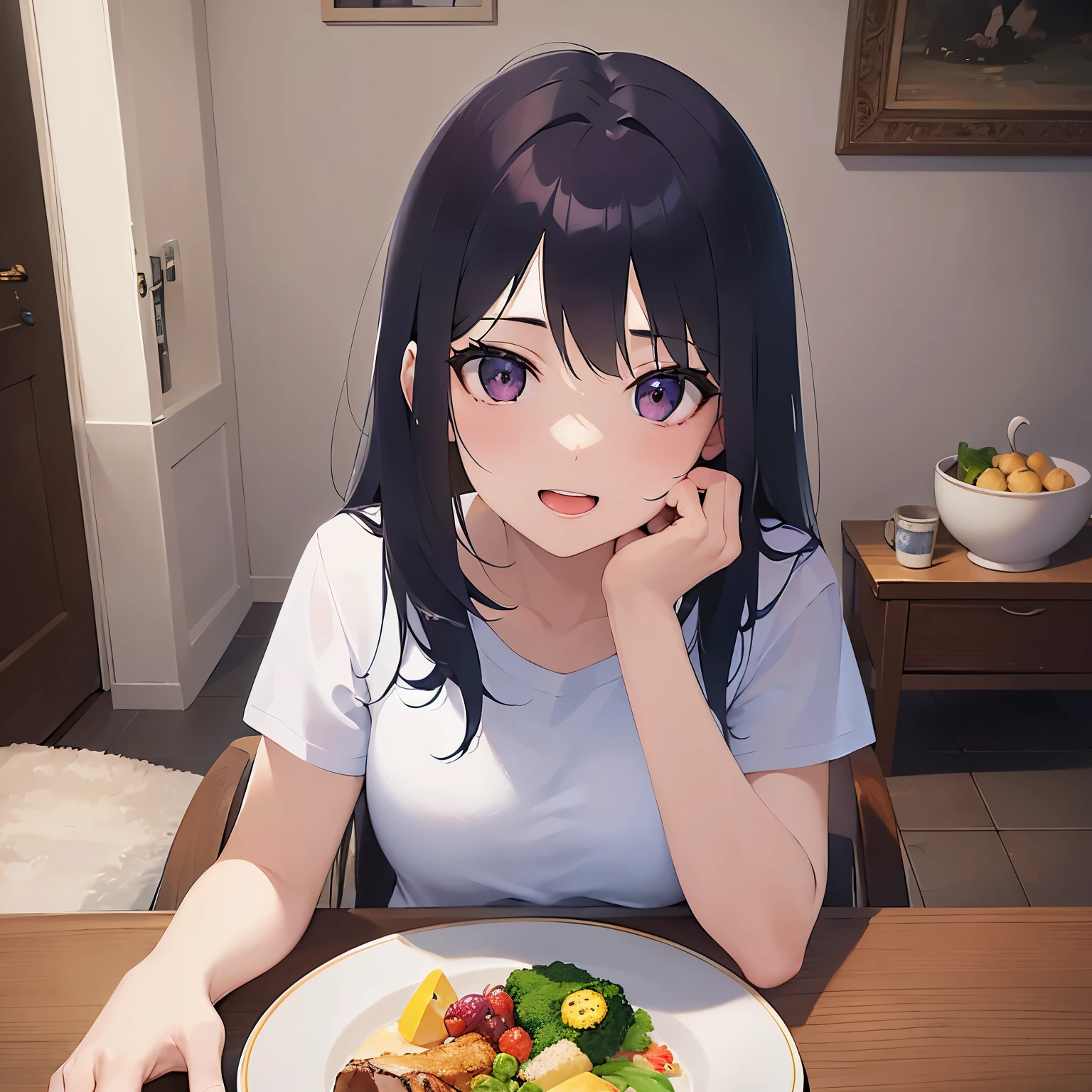 Cleavage, Upper Body, Realistic, real person, (pale skin: 1.2), shiny skin, shiny hair、(A 25-year-old woman with straight hair and bangs) and (medium hair) and (black hair) and (purple eyes) , (white) and (T-shirt) 、smile, open mouth, The background is the living room、Alone、Sitting、Food on a plate、