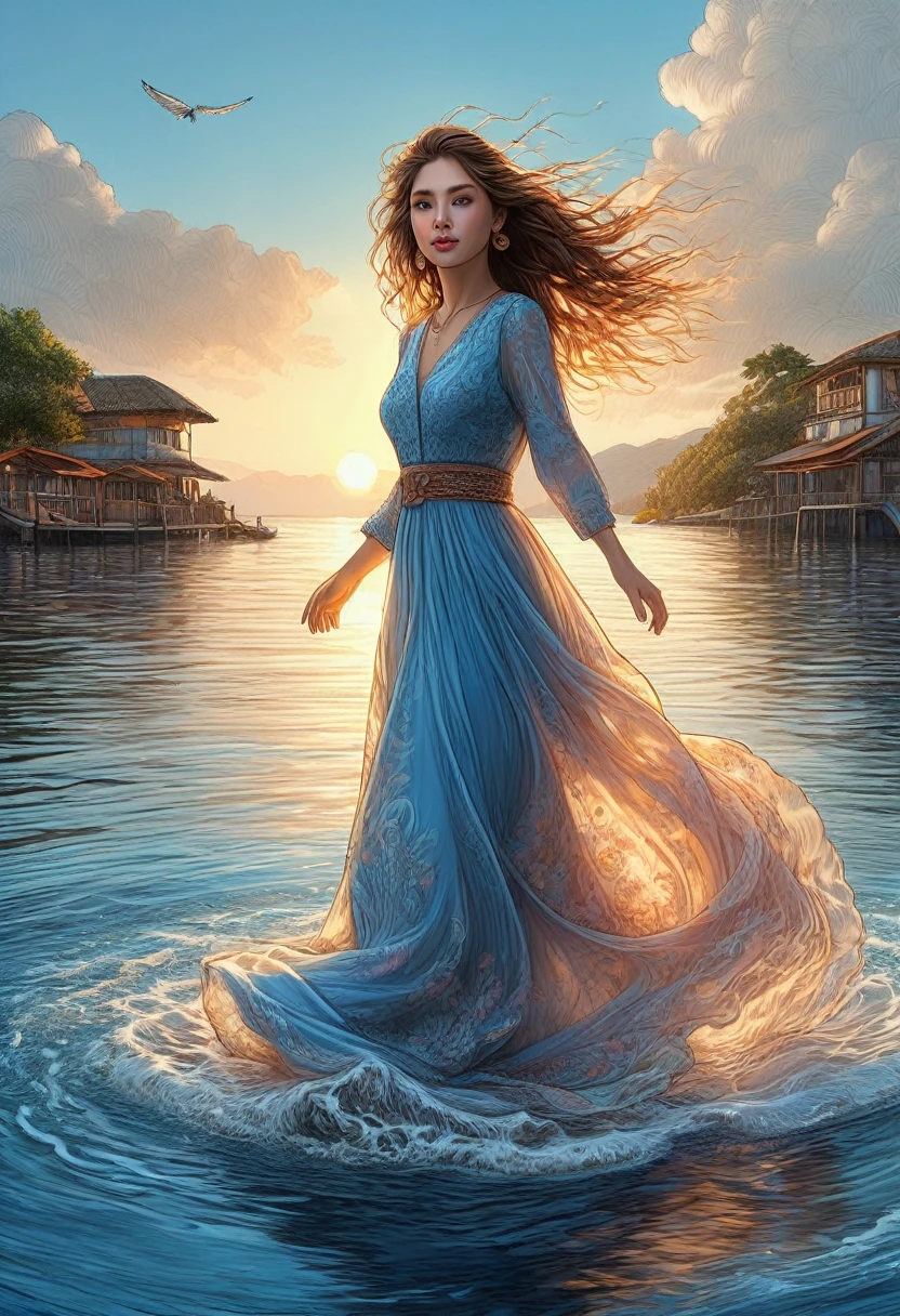 (best quality, 4k, 8k, high resolution, masterpiece: 1.2), ultra detailed, (realistic, photorealistic, photorealistic: 1.37), woman levitating over the water, wearing a long dress, sea, beautiful detailed eyes, beautiful detailed lips , fluid dress, sunlight reflecting on the water, floating hair, tranquil landscape, light blue dress, serene expression, bright colors, gentle waves, gentle breeze, golden hour lighting