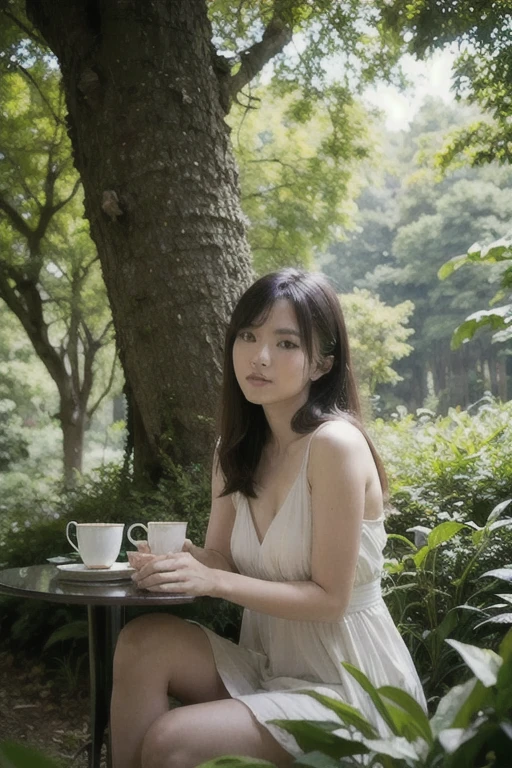 A beautiful Asian model with flawless skin and lustrous hair sitting gracefully in the middle of a lush green forest enjoying a cup of tea surrounded by tall trees and dappled sunlight wideangle lens emphasizing the vastness of the forest soft and warm lighting highdefinition ultrarealistic details 8k resolution concept art masterpiece trending on Artstation-