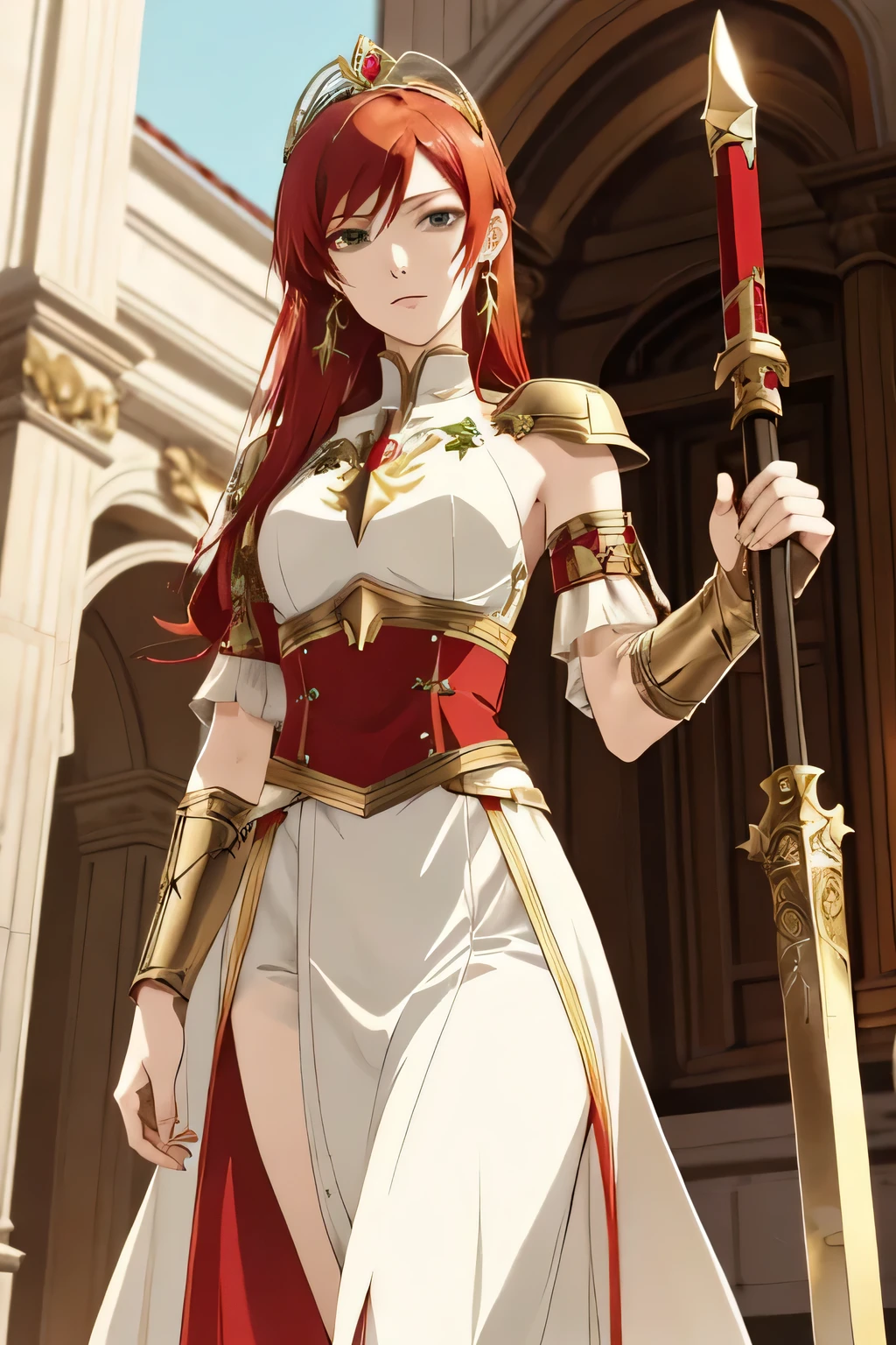 Name: Pyrrha Arc (formerly Pyrrha Nikos)
Characteristics:

Red hair, emerald green eyes, white tunic with gold seams. Bronze shoulder guards and vambraces. Gold chestplate and tiara. White trenchcoat. Bronze spear and shield.