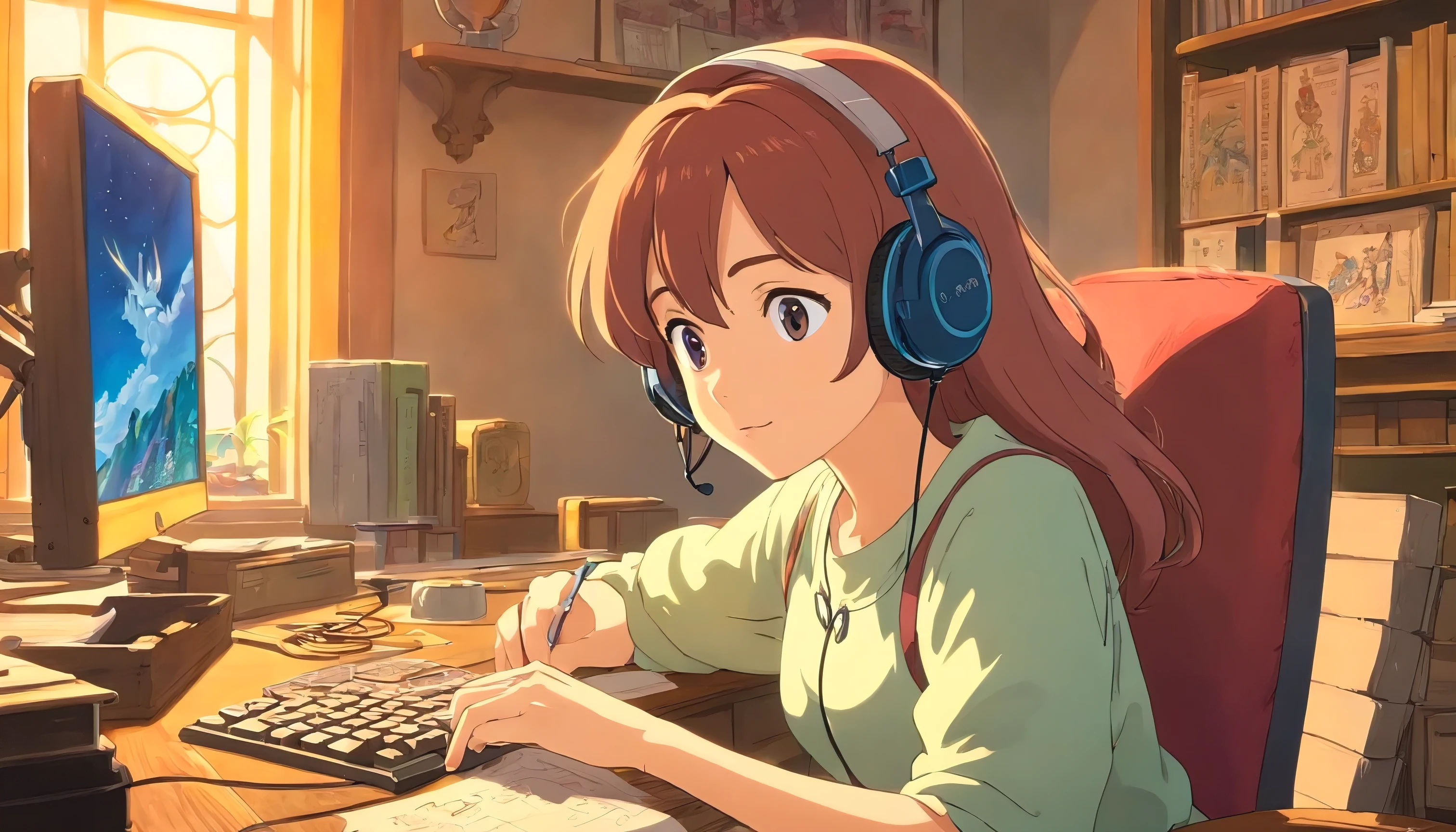 A woman sitting at a desk with headphones on