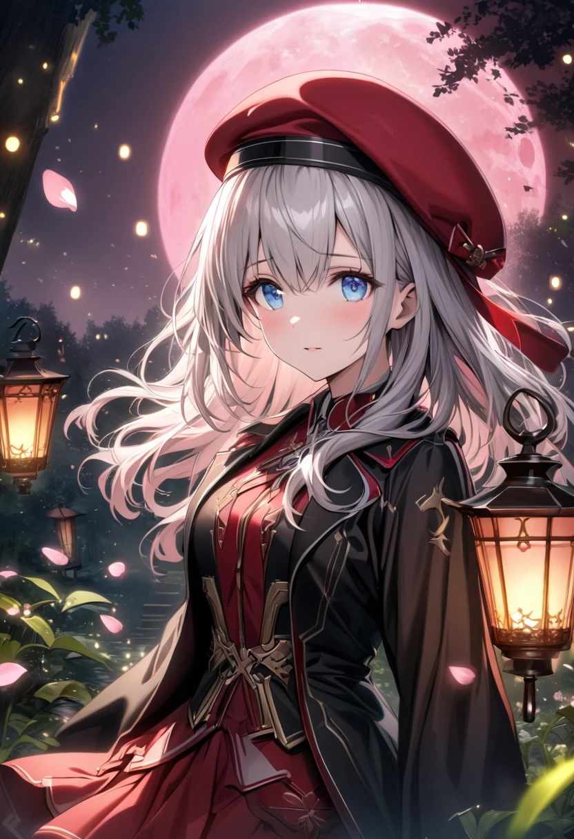 Ultra detailed, highres, absurdres, HDR, Alisa Ilinichina Amiella, silver hair, blue expressive eyes, God eater, pink flowers, petals, fireflies, lanterns, pink moon, woman, extremely beautiful, very detailed face and eyes, red skirt, black coat, red beret hat, solo