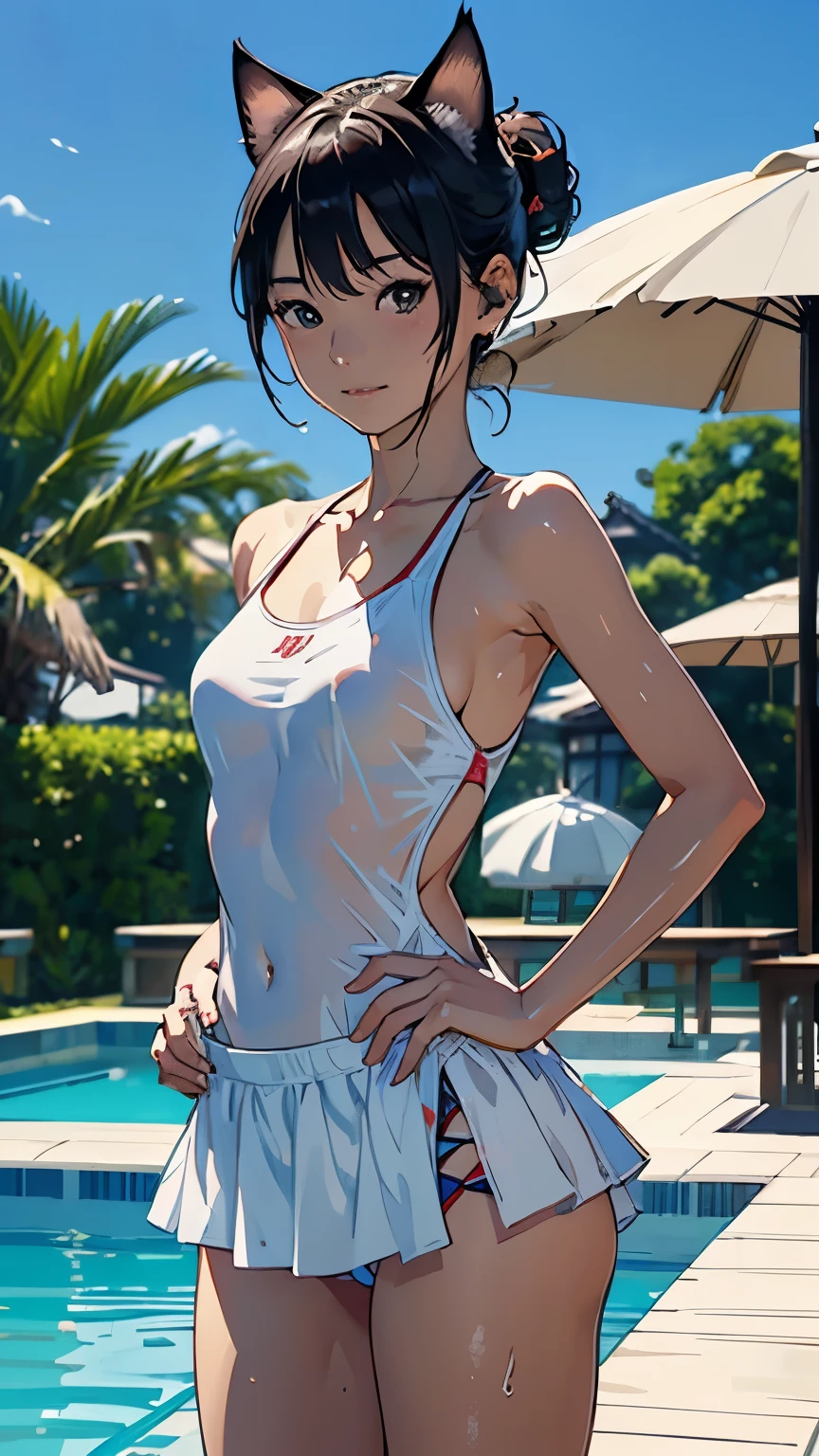 (highest quality, masterpiece, High resolution)、4K Anime Art、(1 beautiful Japan woman)、20-year-old、(whole bodyポートレート、Standing posture、Keep your hands on your hips)、Detailed depiction of a beautiful face、Smiling Kindly、Small breasts、Slim figure、((Cat ear))、Medium Short Hair、semi-long、Hair Bun、Wet 水着、bikini、One piece swimsuit、A pareo skirt with ethnic patterns and primary colors、Realistic Skin、Wet、whole body、No zoom、No close-ups、Pool、((Blank Background))、((White Background))、