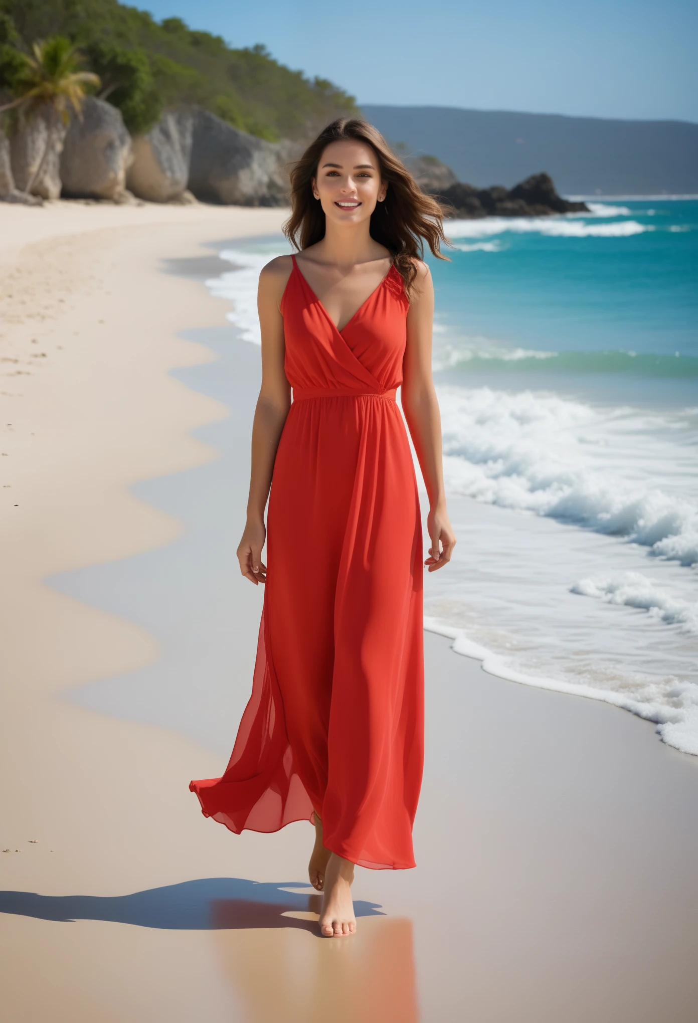 arafed woman in a vestido vermelho walking on a beach, flowing dress, girl wears a vestido vermelho, vestido vermelho, wearing a flowing dress, flowing dress, elegant vestido vermelho, wearing a red sundress, wearing a vestido vermelho, wearing vestido vermelho, cores brilhantes com tons vermelhos, fluido, coral vermelho, colorido com tons vermelhos