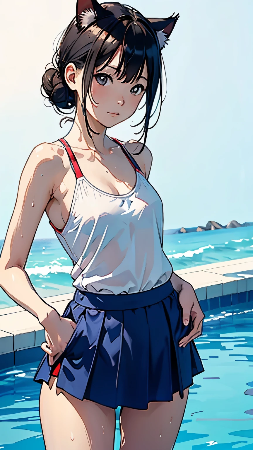 (highest quality, masterpiece, High resolution)、4K Anime Art、(1 beautiful Japan woman)、20-year-old、(whole bodyポートレート、Standing posture、Keep your hands on your hips)、Detailed depiction of a beautiful face、Smiling Kindly、Small breasts、Slim figure、((Cat ear))、Medium Short Hair、semi-long、Hair Bun、Wet 水着、bikini、One piece swimsuit、A pareo skirt with ethnic patterns and primary colors、Realistic Skin、Wet、whole body、No zoom、No close-ups、Pool、((Blank Background))、((White Background))、