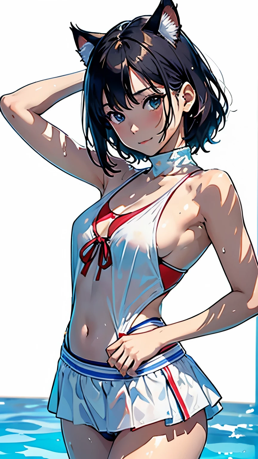 (highest quality, masterpiece, High resolution)、4K Anime Art、(1 beautiful Japan woman)、20-year-old、(whole bodyポートレート、Standing posture、Keep your hands on your hips)、Detailed depiction of a beautiful face、Smiling Kindly、Small breasts、Slim figure、((Cat ear))、Medium Short Hair、semi-long、Hair Bun、Wet 水着、bikini、One piece swimsuit、A pareo skirt with ethnic patterns and primary colors、Realistic Skin、Wet、whole body、No zoom、No close-ups、Pool、(((Blank Background)))、(((White Background)))、
