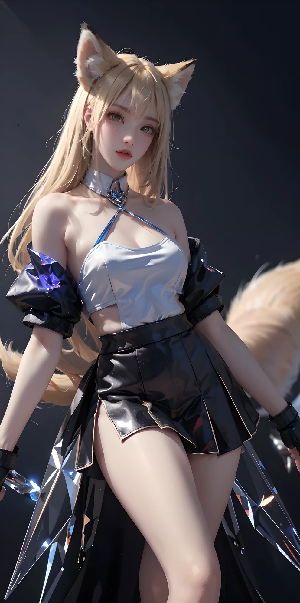 Super Resolution, (Realism: 1.3), 1 (Slim: 1.2) Girl, Solo, Looking at the Audience, League of Legends, Fox, KDA Fox, Blonde Hair, Fox Ears, Fox Tail, Blue Coat, White Top, Black Skirt, Laser, Light Effect, Super Perfect Face, Perfect Eyes, Good Looking, ((Crystal Tail,)) Lots of Tails, Perfect Eyes