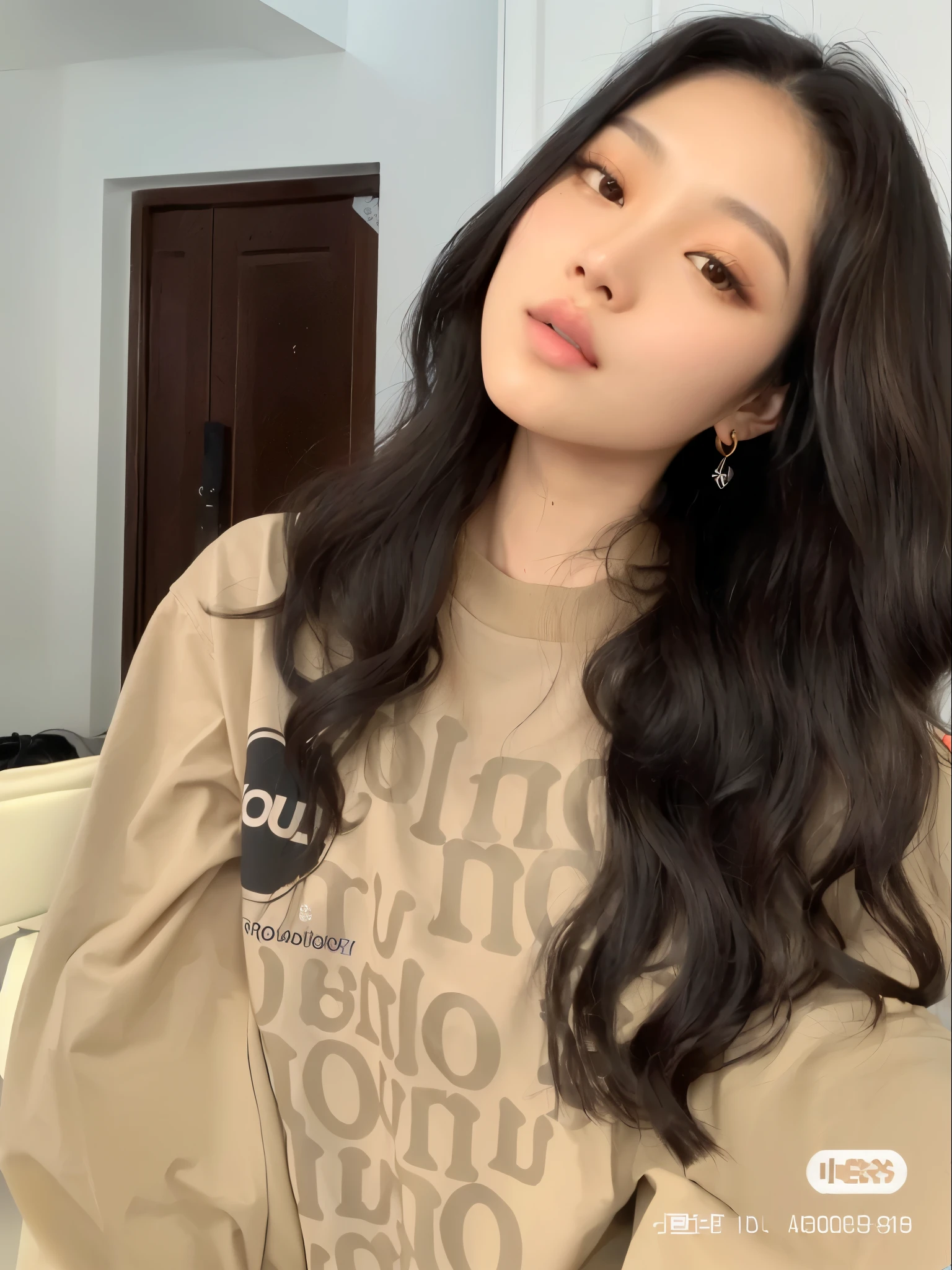 arafed woman with long black hair wearing a tan shirt, with long hair, blackpink jennie, she is wearing streetwear, with round face, official product photo, with brown hair, smooth in _ the background, with long curly hair, louise zhang, brown messy hair, portrait of jossi of blackpink, wavy hair combed to one side, ulzzang