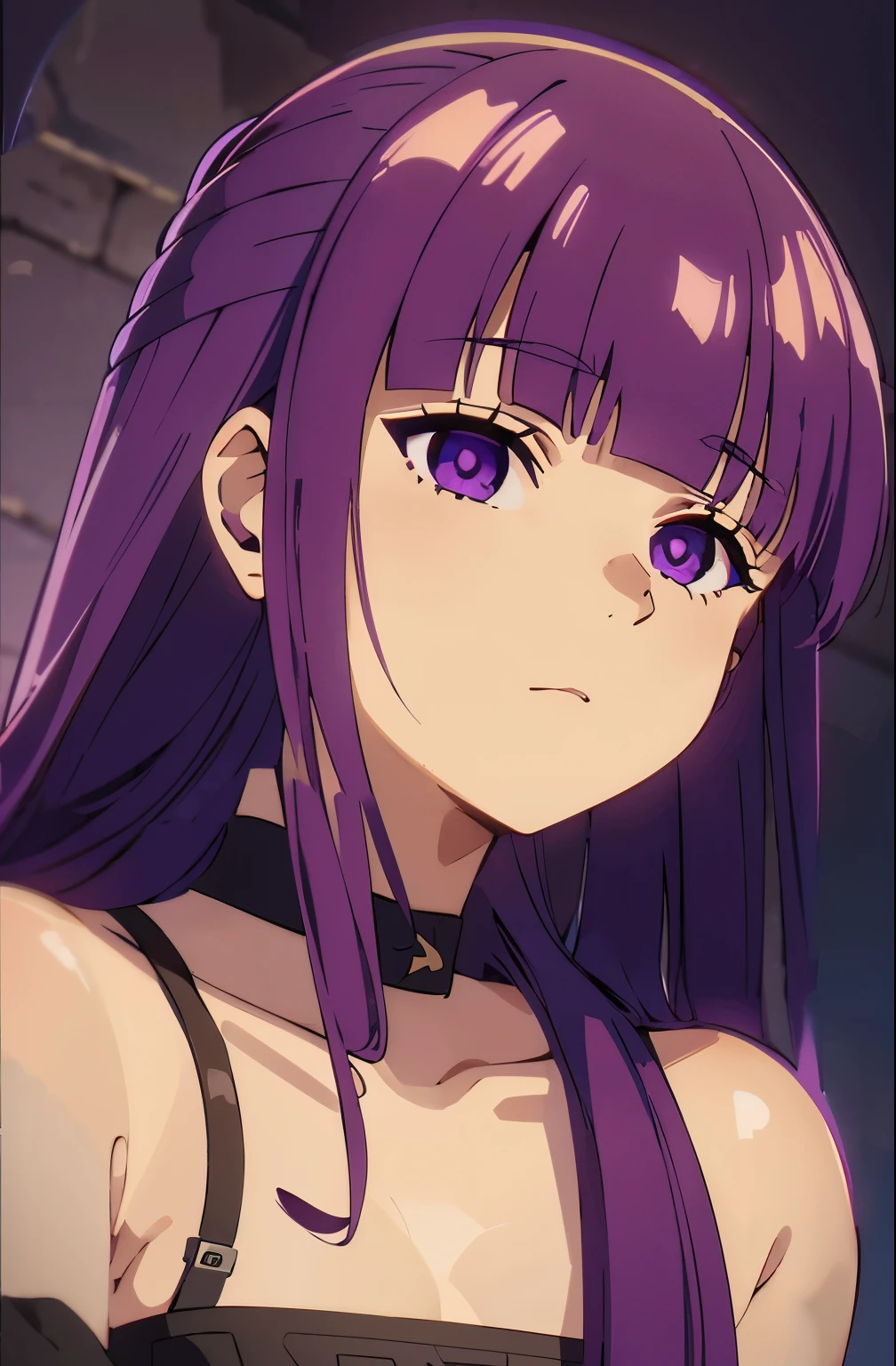 Fern, ((long and straight purple hair), wearing a black bra
