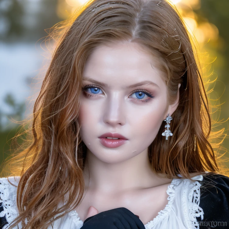 1 miniature Beautiful beautiful woman - Yuan Sayuki, ((top quality, 8K, Masterpiece:1.retty woman, 1 woman, huge breasts:1.3, a slim body:1.1, lush GINGER long hair, (shower, wet body, wet clothes:1.1), very detailed face, detailed lips, detailed eyes, double eyelids, Detailed blue eyes, чрезвычайно Detailed Outstanding Blue Eyes, long GINGER wet hair, GINGER wet hair, Detailed Outstanding Blue Eyes, innocent look at the viewer, very wet wavy white hair, Detailed Outstanding Blue Eyes, huge cross earrings, Outdoors, badges behind, gothic maid uniform,  sexy maid dress, bare chest, huge chest tattoo, detailed huge catholic cross earrings, chest tattoo, Outside, wear a silver cross (Detailed cross shape), reality mode, wet breasts, black necklace, human crowd behind, black latex gloves, hair of white snowy colour, night time, red neon lights, demonic nun, nimbus (golden lighting ring above her head), angel, snowy weather, sexy pose, white lingerie, black maid dress, detailed flower wreath made of different colours