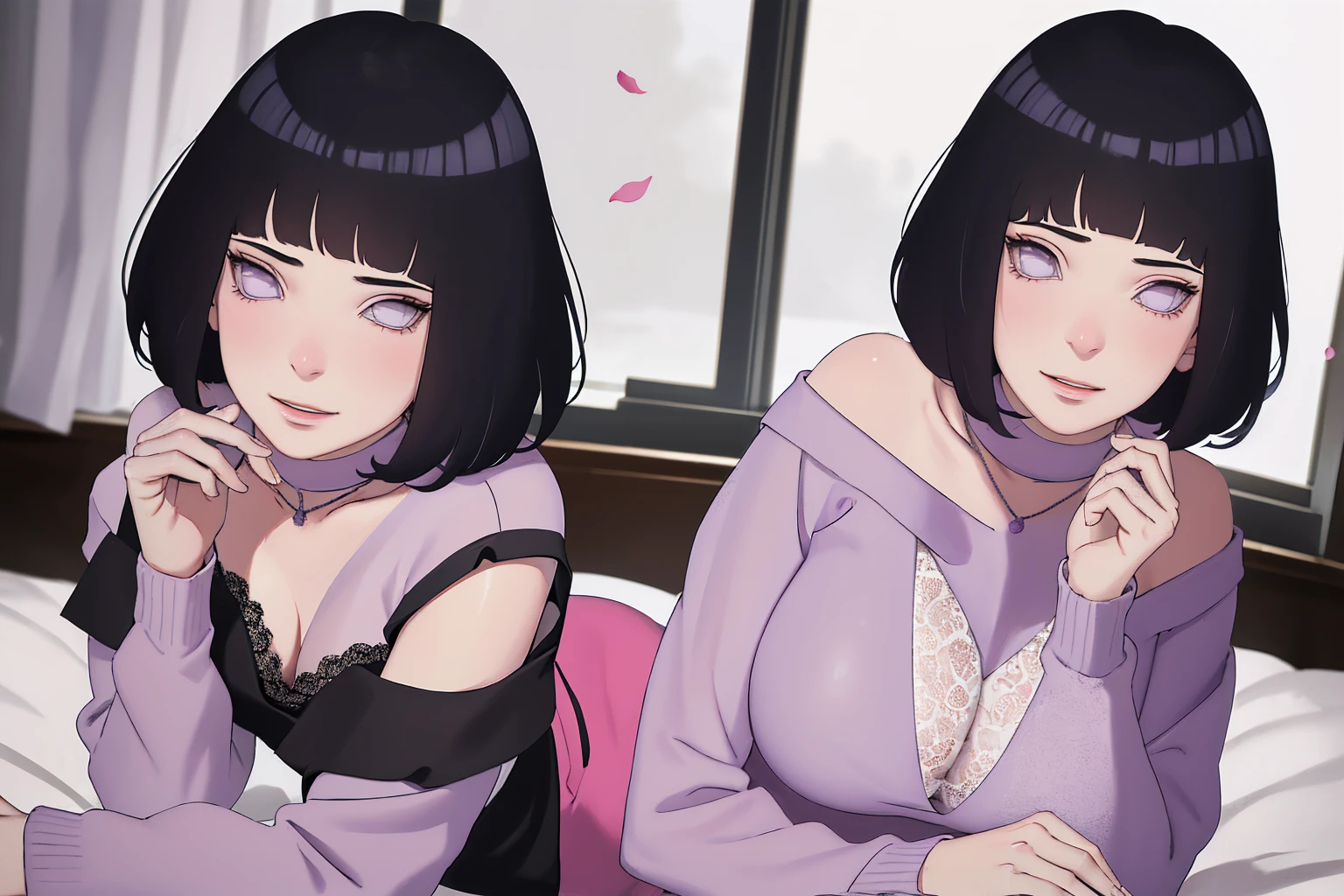 { - anatomy error} (Masterpiece - Ultra-detailed, very high resolution) (huge titusty, masterpiece, absurdres, hinata\(boruto\), 1girl, solo,mature female, off-shoulder bra, high waist black short skirt, looking at viewelling petals), perfect composition, detailed lips, big breast, beautiful face, body propotion, blush, (pink lips), short hair, (black hair), purple eyes, soft gaze, super realistic, detailed, photoshoot, realistic face and body, closed mouth, laying on the bed , lilac eyes, full body, lace clothes, with chin resting on shoulder, perfect fingers, backwards, looking back, naughty smile