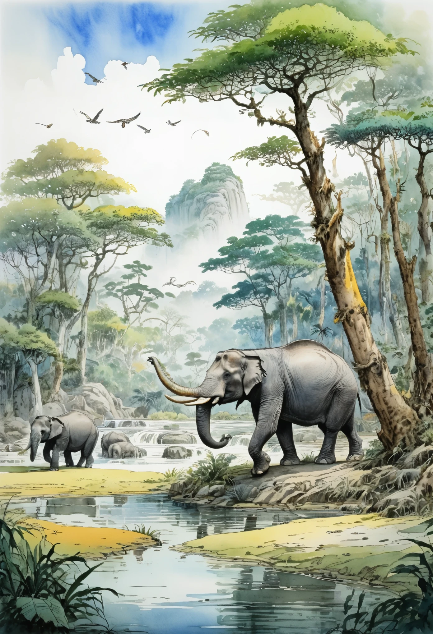 Primeval forest、Smilodon、mammoth,Hairy elephant、rhino、Crocodile、凶猛的Crocodile、Archaeopteryx、Birds with fantastic feathers,Colorful feathers,Lush trees,Swamps and rivers,Amazon forest,author:Randolph Caldecott, (Watercolor, masterpiece, Line Art, Illustration Art, Professional line art, Super complex and detailed, Chinese painting,8K:1.3)