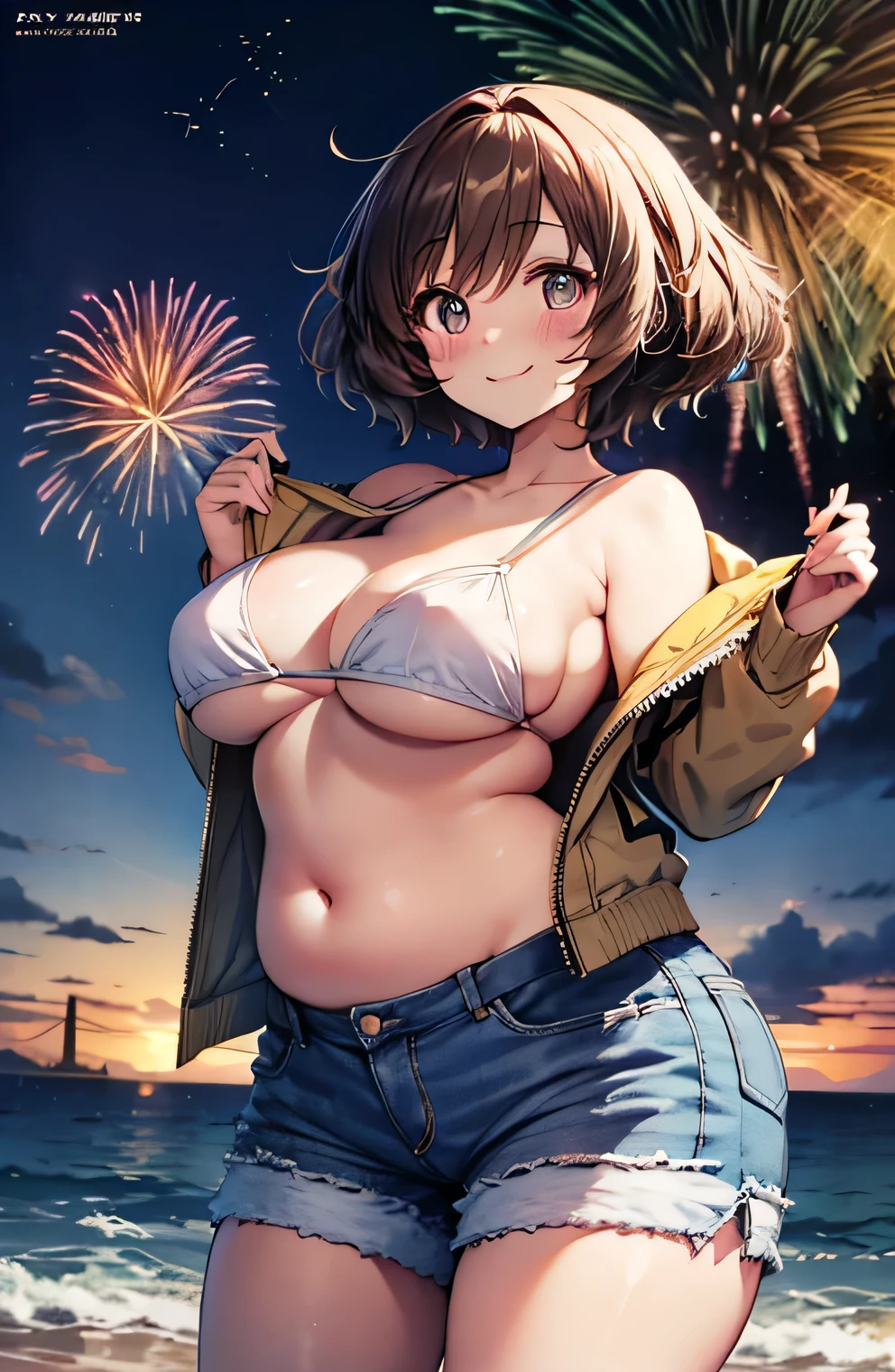 Anime illustration、highest quality、A short and plump high school girl、Light jacket、Tube top、hot pants、Seaside fireworks display、Perfect proportions、overwhelmingly big breasts、Beautiful, shining eyes、Cowboy Shot、Blushed、smile