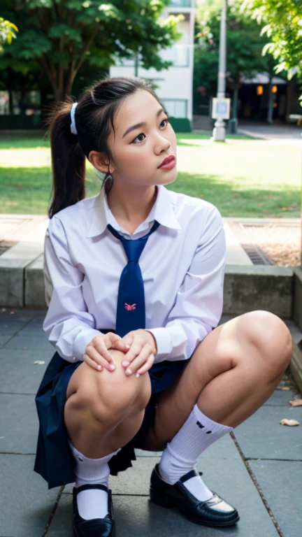 Thai, ponytail, white collared shirt, Long sleeve shirt, necktie, pleated skirt, dark blue long skirt, white socks, black loafers, Thighs look good, squatting down, open leg to side, showing her panties