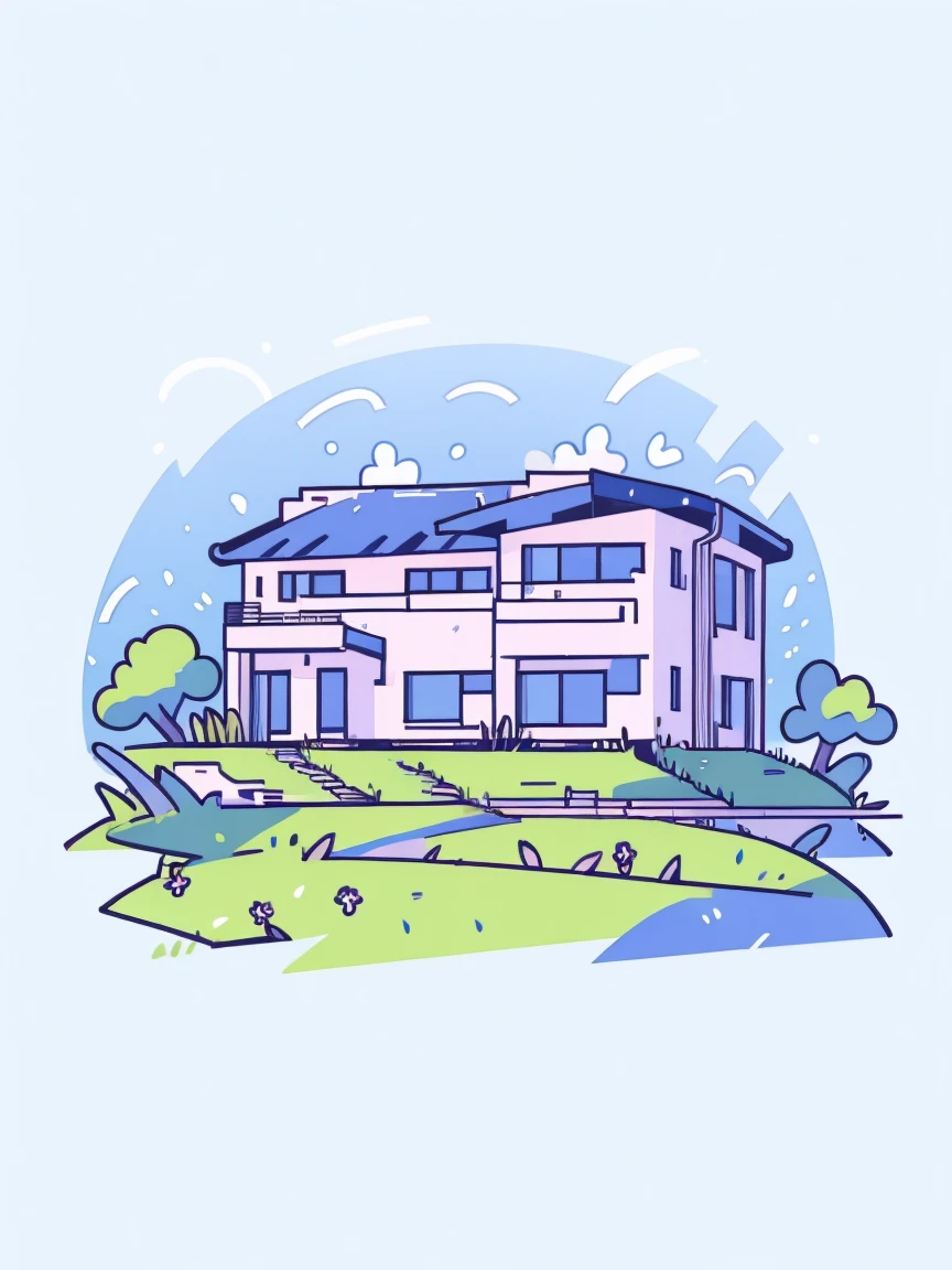 flower，Sky，house，grassland，sd mai, Flat illustration,