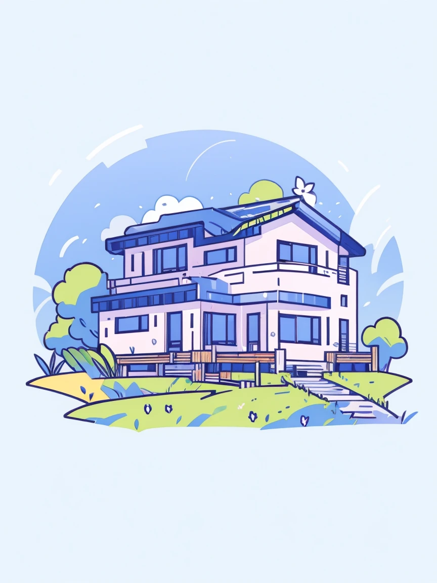 flower，Sky，house，grassland，sd mai, Flat illustration,