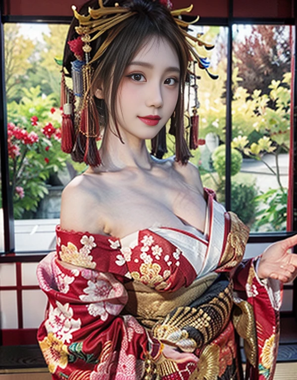 High resolution, RAW Photos, Realistic, Very delicate and beautiful, Very detailed, In detail, Very detailed CG unity 8k wallpaper, Very detailed, (Highest quality, 8k, 32K, masterpiece, 超High resolution:1.2), A beautiful Japanese model wears a kimono at a shrine, (Thin clavicle, Exposed shoulders, Off the shoulder, Small cleavage:1.55), (Updo, half collar collar, heart, sash, heart-Jime cord, Flower pattern kimono :1.8), Hairpin, hair ornaments, Beautiful and elaborate face, Clear, beautiful, narrow eyes, Delicate figures, short hair, (skinny, slim, Slender and delicate body), Upper teeth, (Embarrassing:1.3), Young Sensual Gravure Idol, Young and skinny gravure idol, Young and cute gravure idol, Young Gravure Idol, realistic Young Gravure Idol, A sophisticated gravure idol,