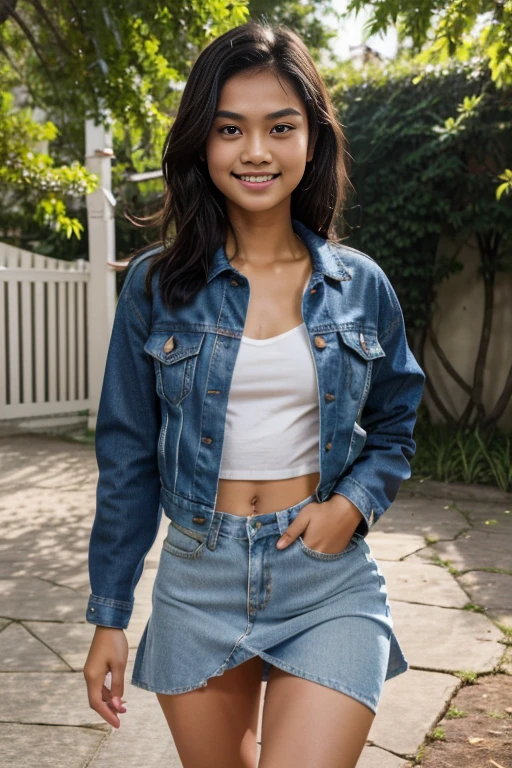 Young sweet beautiful Indonesian girl, 15 years old, slim body, bright beautiful eyes, georgeus face, neat wavy black  short hairs, wearing unbuttoned blue denim jacket, wearing white see through A-shape skirt, no underwear, no bra, no panty, wearing black lady shoes, realistic, very detail, no cartoon, all fingers have normal shape, standing confidence open wide legs on back yard in the sunny morning, sun shining to her body through her clothes, sweet beautiful smile, sweat on all her skin and hairs, all her body shape cast to her strict clothes, vagina visible, going to the campus,