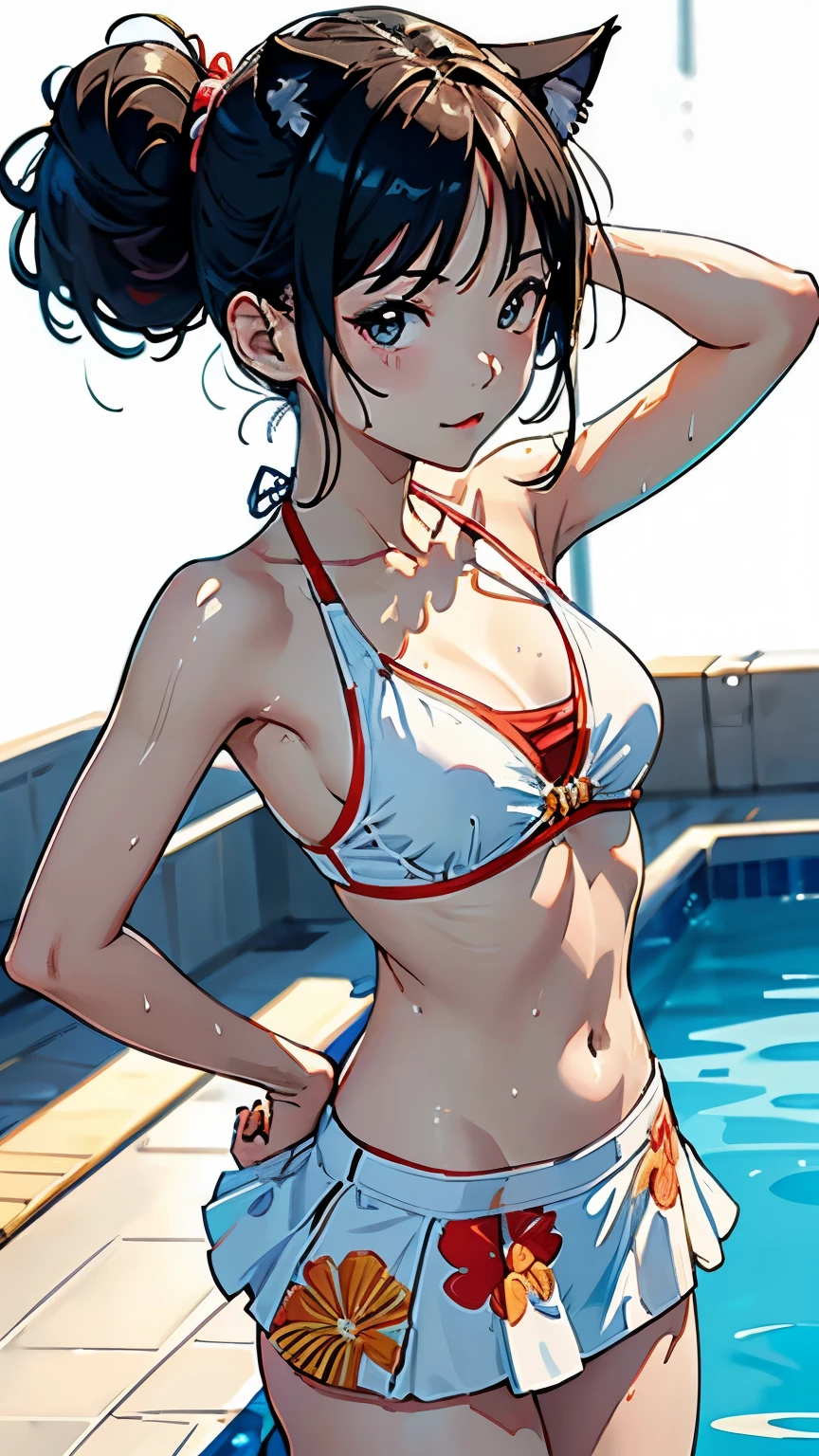 (highest quality, masterpiece, High resolution)、4K Anime Art、(1 beautiful Japan woman、20-year-old)、(whole bodyポートレート、Natural standing posture)、Detailed depiction of a beautiful face、Smiling Kindly、Small breasts、Slim figure、((Cat ear))、Medium Short Hair、semi-long、Hair Bun、Wet 水着、bikini、One piece swimsuit、A pareo skirt with ethnic patterns and primary colors、Realistic Skin、Wet、whole body、No zoom、No close-ups、Pool、(((Blank Background)))、(((White Background)))、