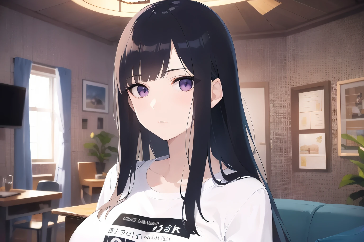 Upper Body, Realistic, real person, (pale skin: 1.2), shiny skin, shiny hair、(A 25-year-old woman with straight hair and bangs) and (medium hair) and (black hair) and (purple eyes) , (white) and (T-shirt) 、Serious expression, The background is the living room、Alone、Are standing