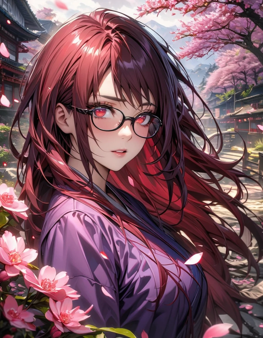 absurdres, highres, ultra detailed, HDR, master piece, best quality, extremely detailed face and eyes, Karin, expressive red eyes, red long hair, glasses with black frames, Naruto Shippuden, solo, woman, extremely beautiful, purple clothes, pretty, pink petals, blossoms, trees, pink flowers